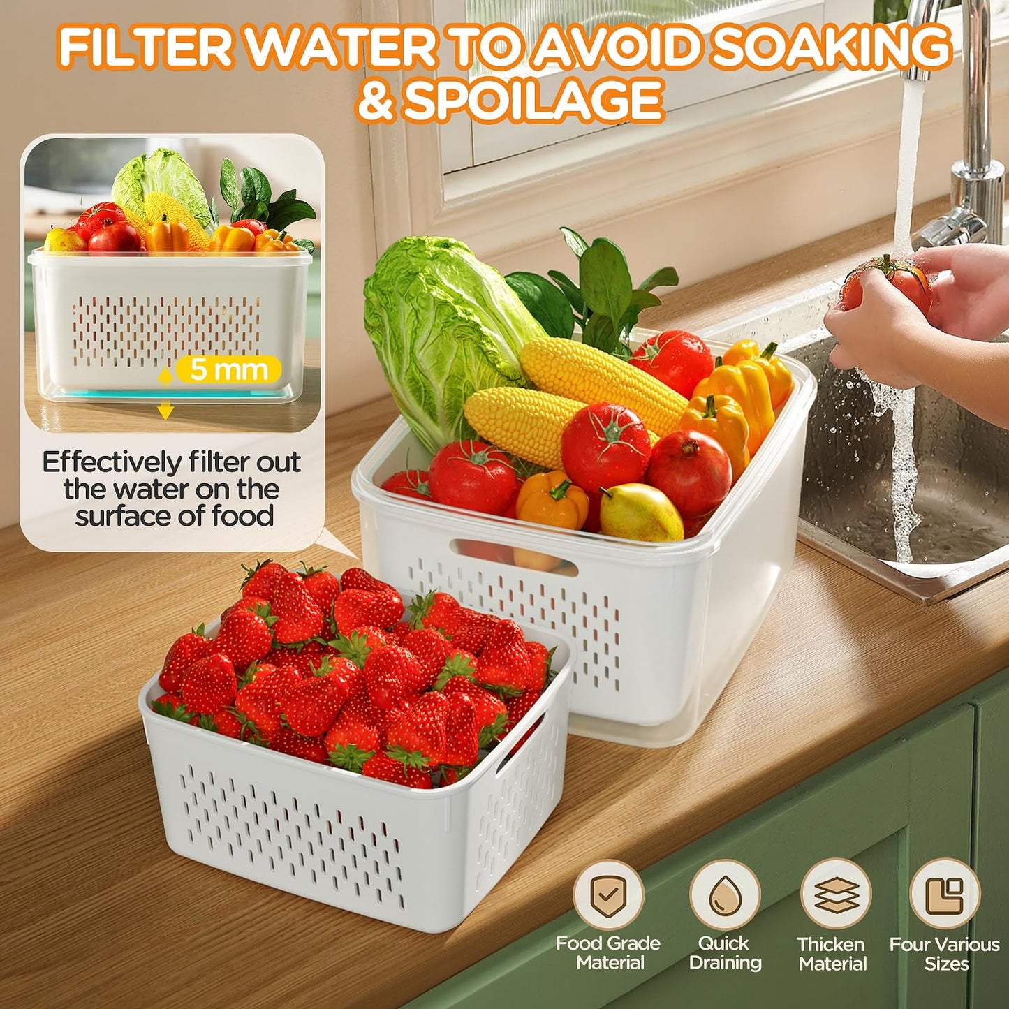 5 Pack Fruit Storage Containers for Fridge with Removable Colanders