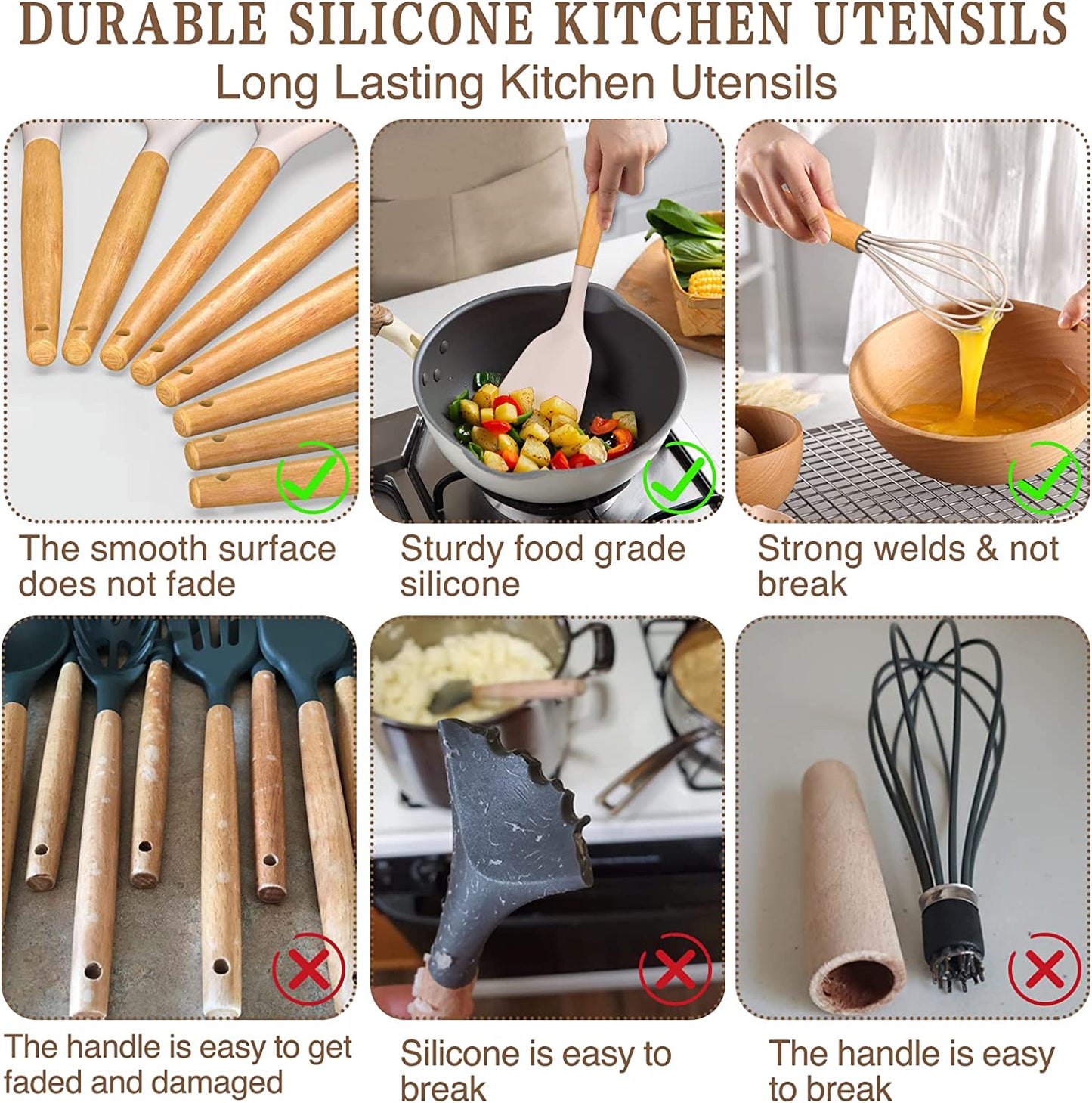 Silicone Cooking Utensils Set, 33 pcs Non-Stick Cooking Kitchen Utensils Set with Holder, Wooden Handle Gadgets Utensil Set (Khaki)