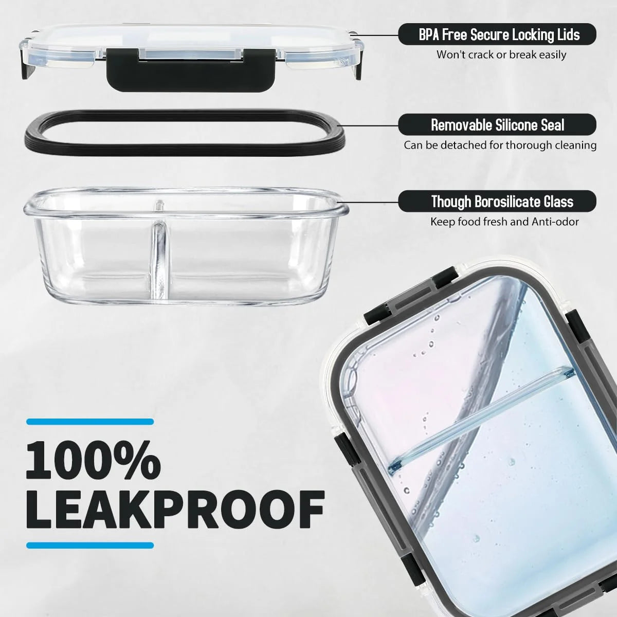 21 Set Glass Food Storage Containers with Snap Locking Lids Set, Glass Meal Prep Containers, 21 Containers & 21 Lids, Black