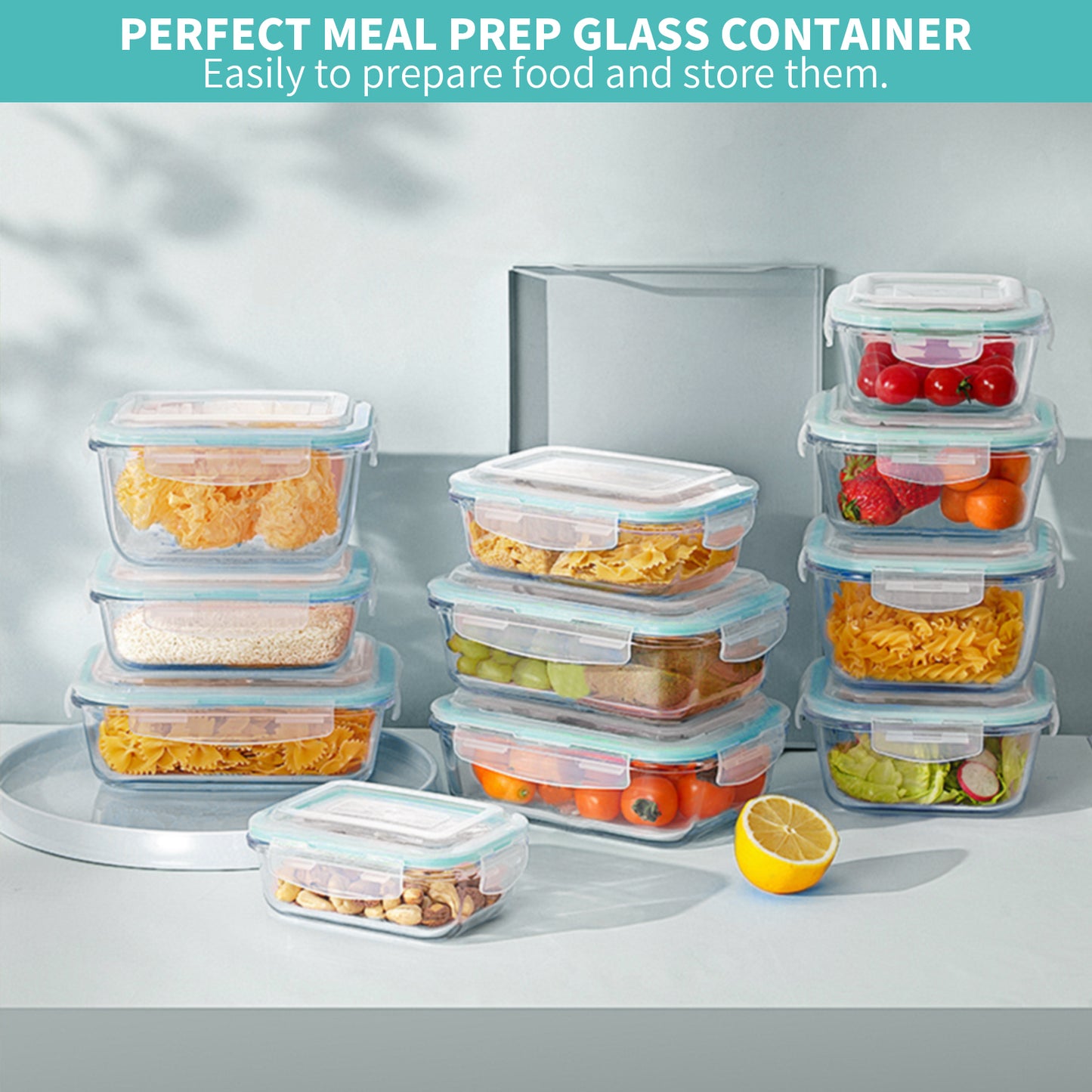 16 Pcs Glass Food Storage Containers , Meal Prep , Airtight Bento Boxes with Leak Proof Locking Lids, for Microwave, Oven, Freezer and Dishwasher, BPA Free