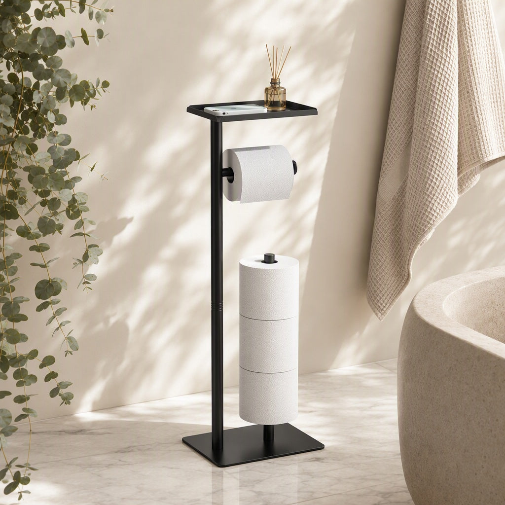 Mibote Toilet Paper Holder Free Standing with Storage Shelf, Metal Bathroom Tissue Holder for 4 Rolls, Matte Black