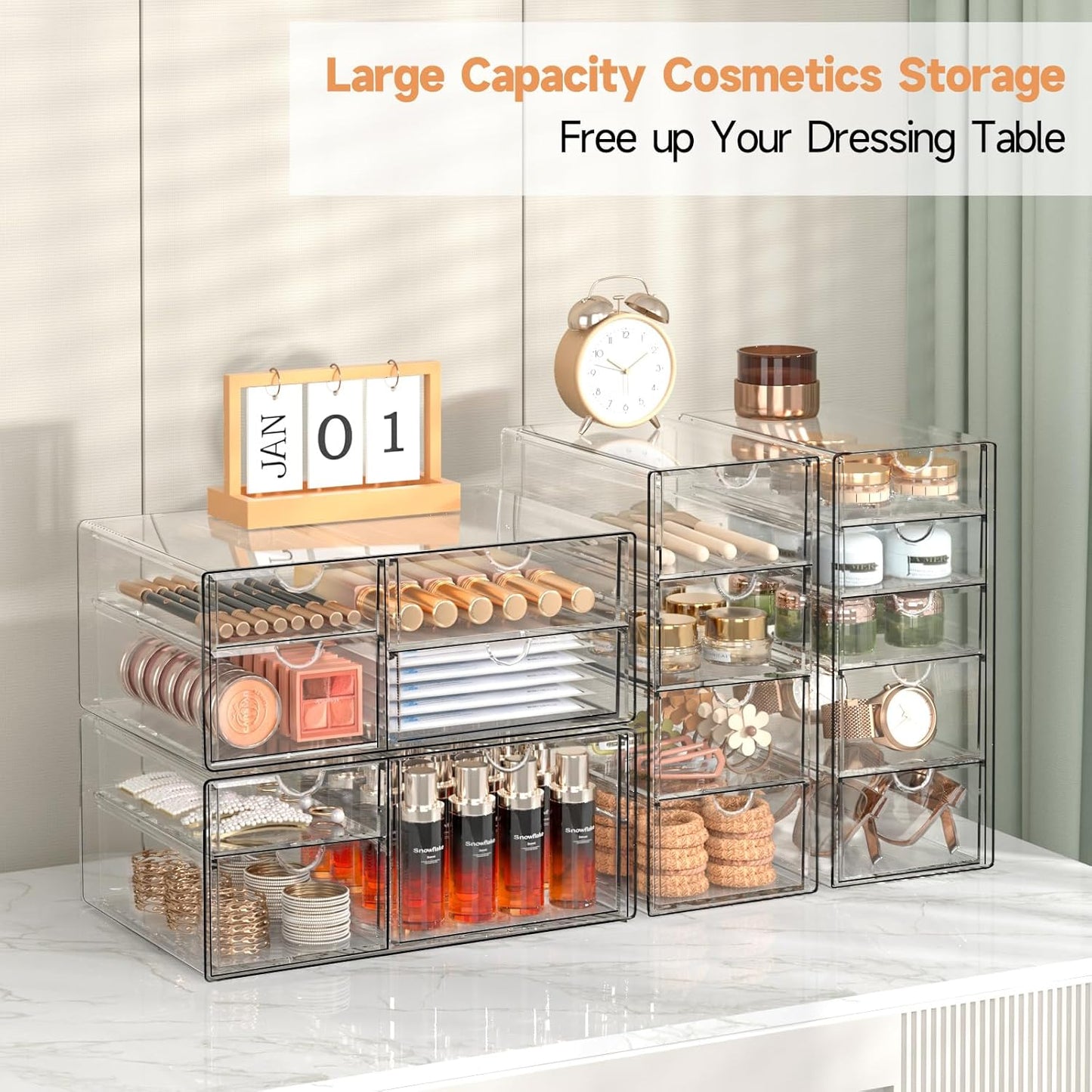 Makeup Drawer Storage Organizer with 16 Drawers, 4 Set Acrylic Office Desk Organization and Storage, Dustproof Drawer Organizer for Office, Countertop, Bathroom, Bedroom