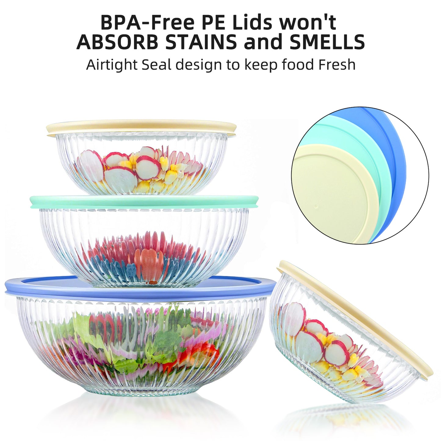 3-Pack Glass Mixing Bowls (1.2 QT, 2.3 QT, 3.6 QT) with Glass Mixing Bowls Set, AOKIWO 8 Pack 3 Size Glass Nesting Mixing Bowl with BPA-Free Lids & Baking Tools, Kitchen Storage Bowls for Prep, Baking, Serving