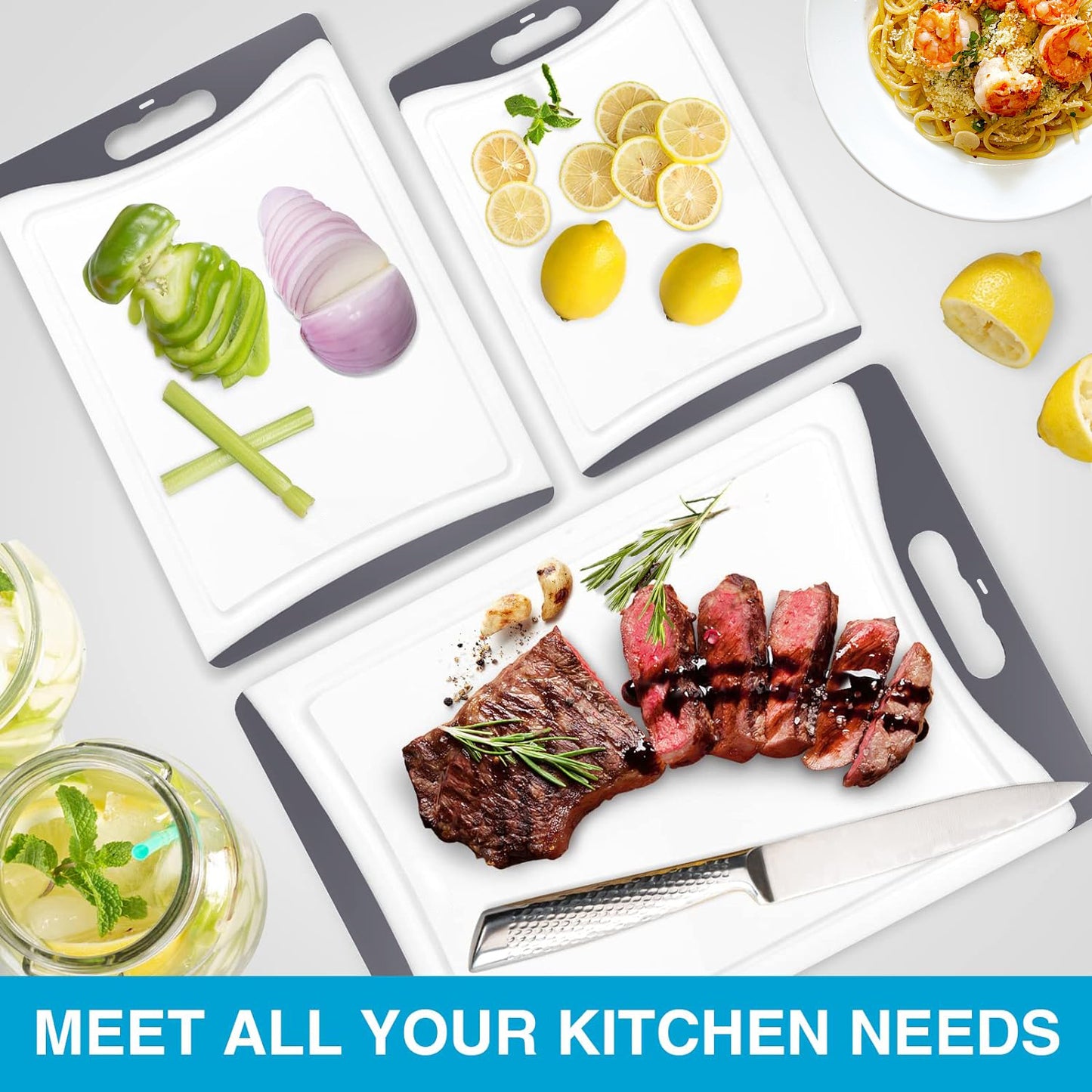 Cutting Boards for Kitchen, Plastic Cutting Board Set of 3, Dishwasher Safe Cutting Boards w/Juice Grooves for Meat, Veggies, Easy Grip Handle, Easy Grip Handle-Gray