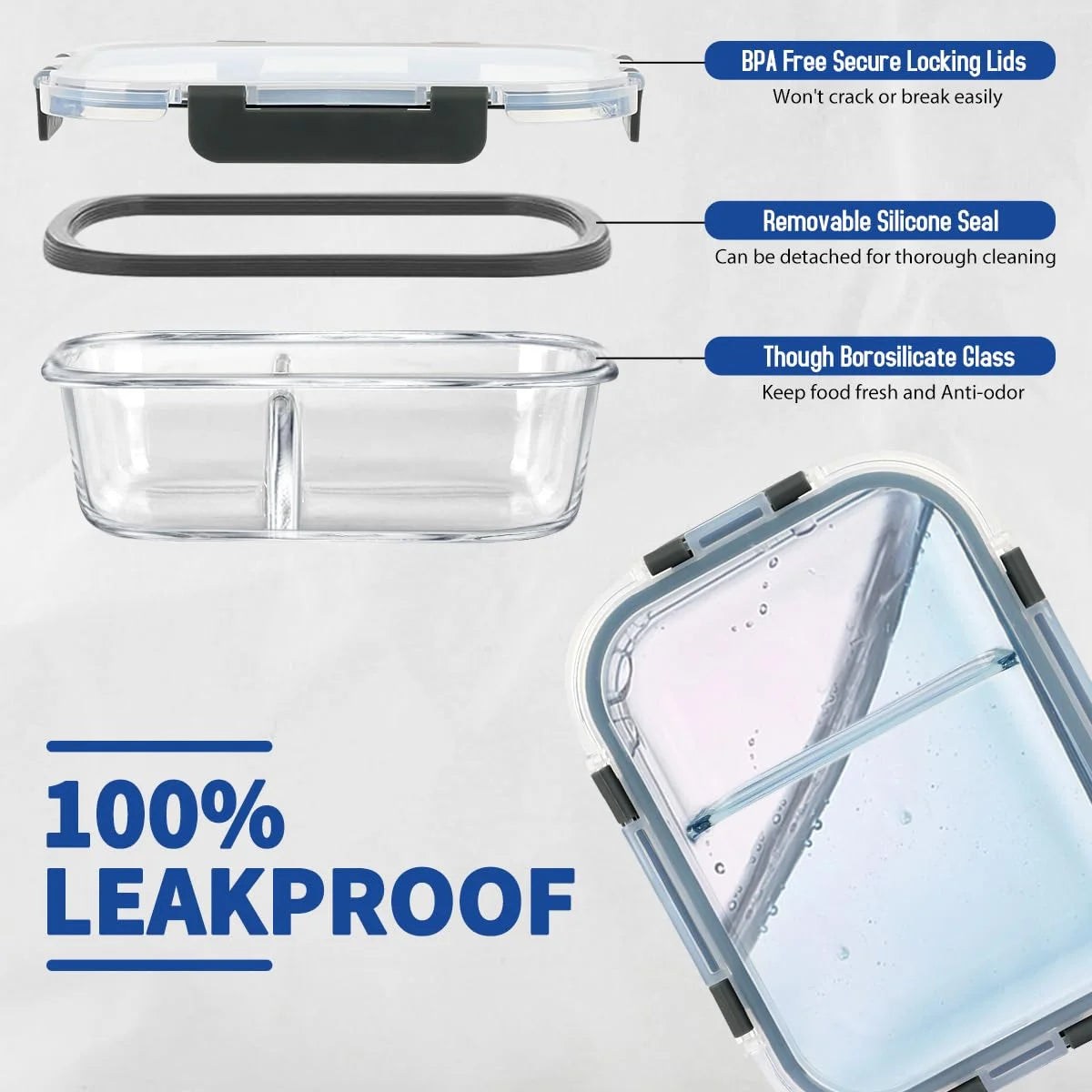 21 Set Glass Food Storage Containers with Snap Locking Lids Set, Glass Meal Prep Containers, 21 Containers & 21 Lids, Grey