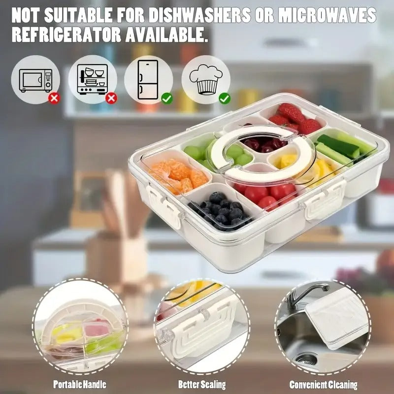 Snackle Box Container, 8 Compartment Divided Serving Tray with Lid and Handle, Portable Snack Tray and Serving Platter for Party, Picnic, Perfect for Fruit, Candy and Treats