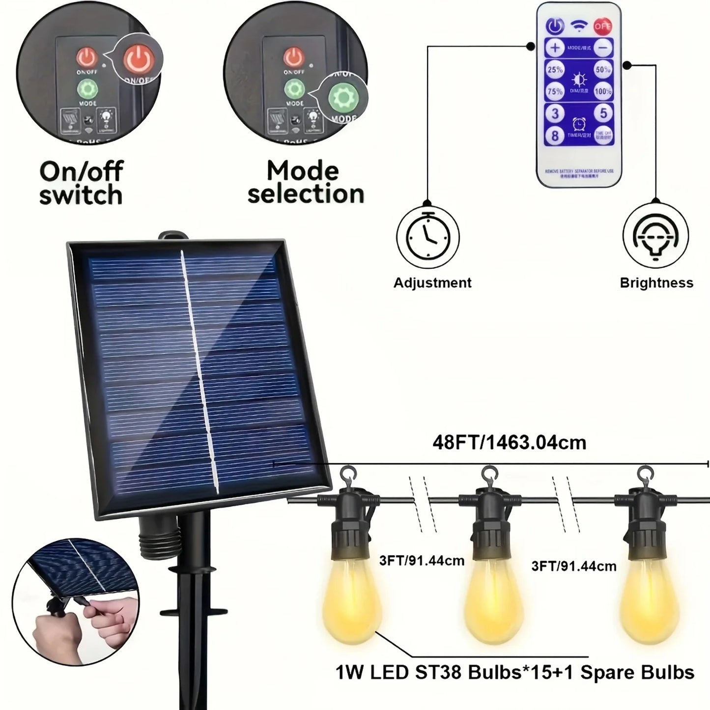 48FT Solar Wire String Lights, Outdoor Lighting Fairy String Lights Suitable For Christmas, Wedding, Bar, Coffee Salon, And Store Displays