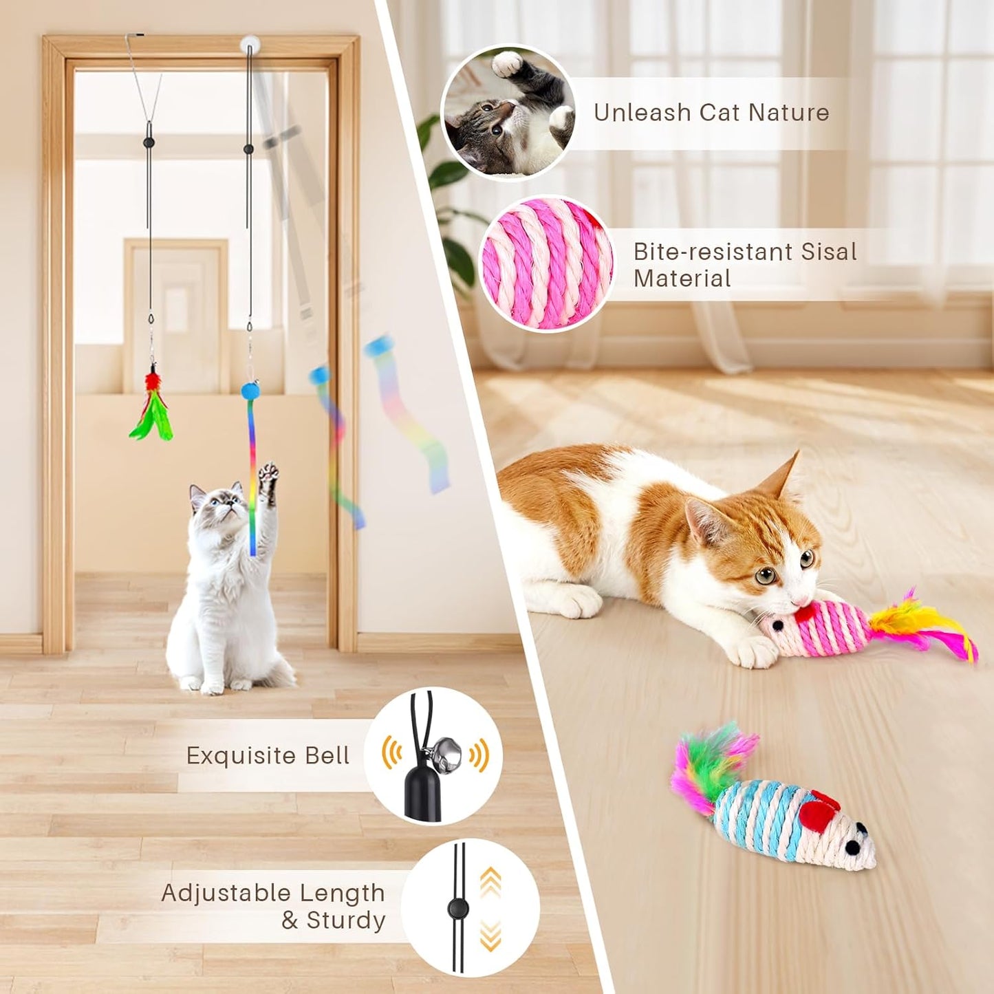 Cat Toys, 14Pcs 4 in 1 Indoor Adult Cat Interactive Toys, Hanging Door Kitten Wand with Suction Cup Removable Feathers Balls Mice Butterfly Streamers