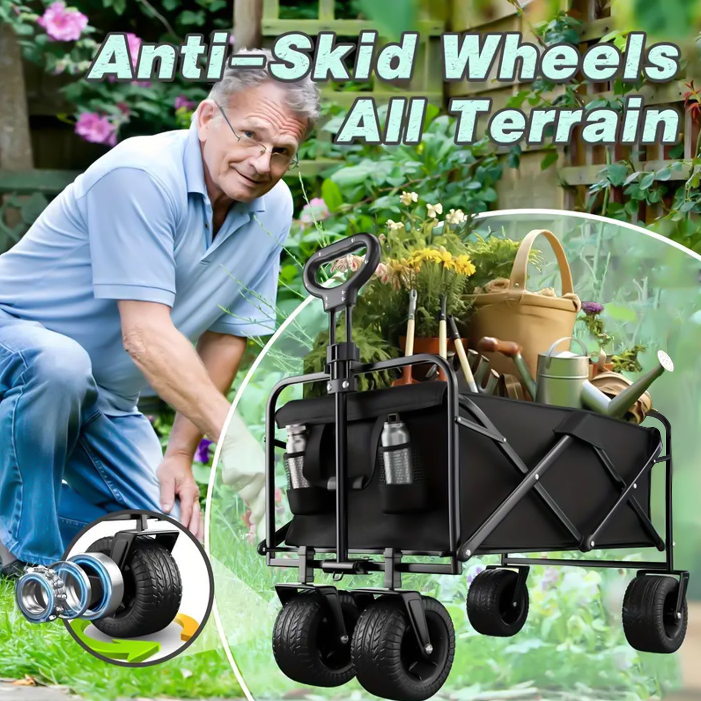 Foldable Outdoor Utility Wagon, Large Capacity Adjustable Pushrod All-Terrain Portable Garden Cart With Beverage Rack - Perfect For Camping, Beach, Sports, Shopping and Outdoor Adventures