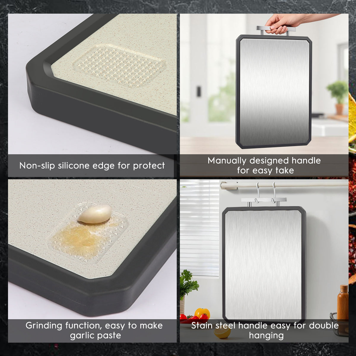Double-Sided Cutting Board, AOKIWO Large Cutting Boards with Handle & Knife Protector finger guard,Non toxic Stainless Steel Wheat straw PP Chopping Board for Kitchen meat and vegetables-16 * 11 Inch