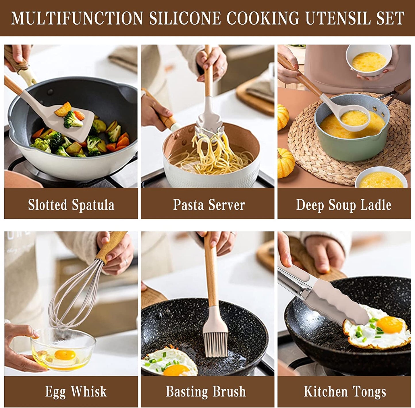 Silicone Cooking Utensils Set, 33 pcs Non-Stick Cooking Kitchen Utensils Set with Holder, Wooden Handle Gadgets Utensil Set (Khaki)