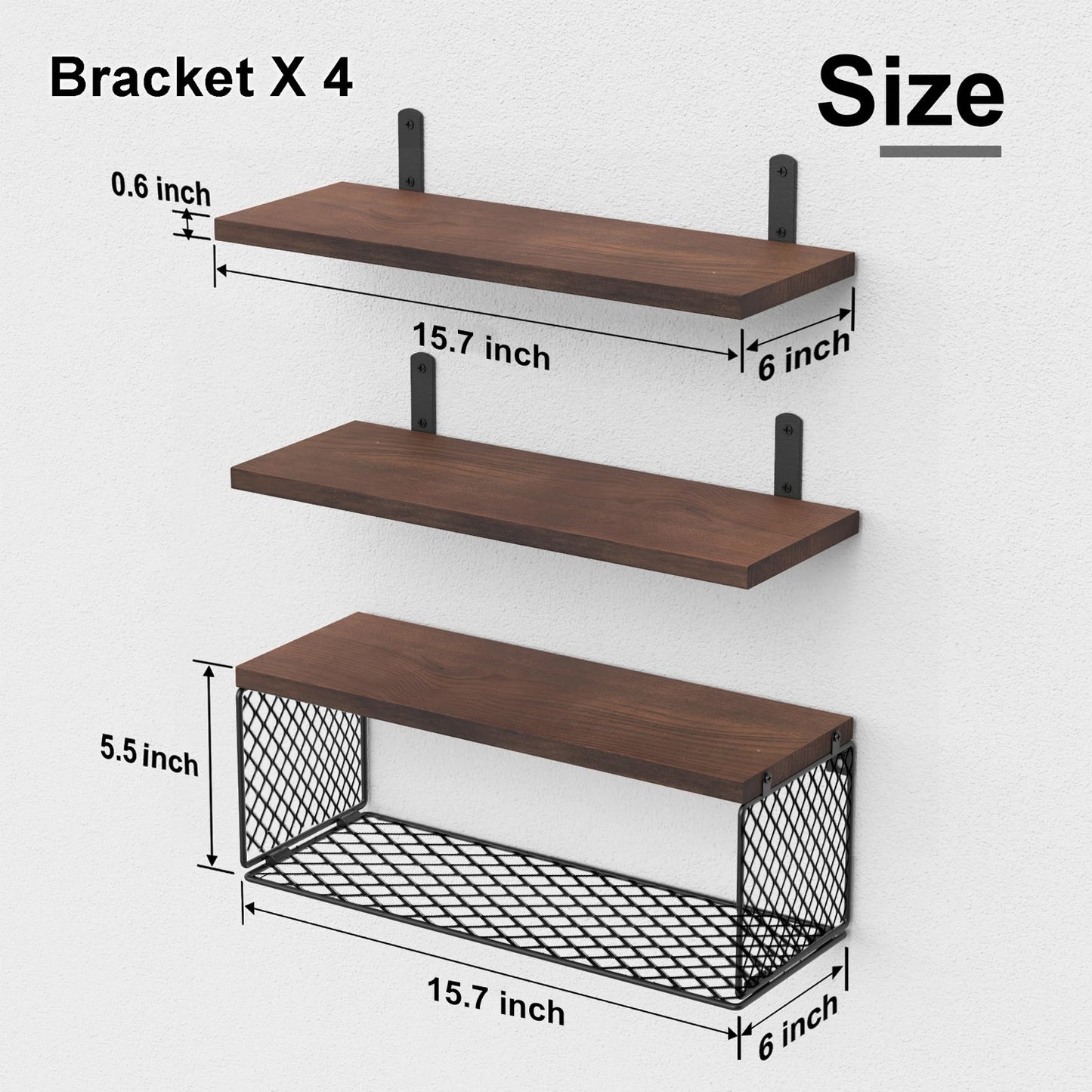 Bathroom Shelf Over Toilet, Bathroom Floating Shelves Wall Mounted with Wire Basket, Floating Shelf for Wall Decor - Rustic Brown