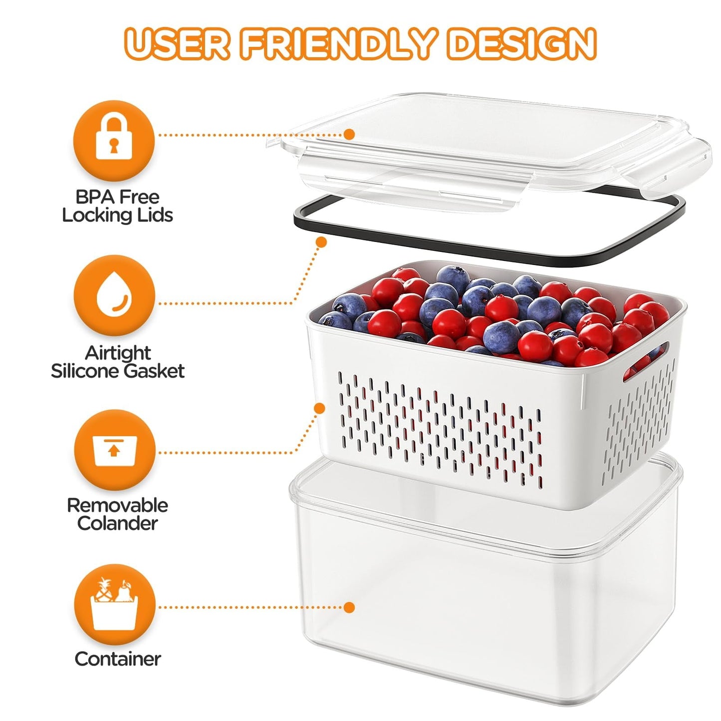 5 Pack Fruit Storage Containers for Fridge with Removable Colanders