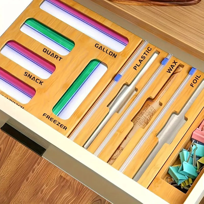 9 in 1 Storage Bag Organizer For Kitchen Drawer Combo, Bamboo Foil And Plastic Wrap With Cutter, Organizers Compatible Gallon, Quart, Sandwich Snack Size, Birthday Gifts, New Year Gift