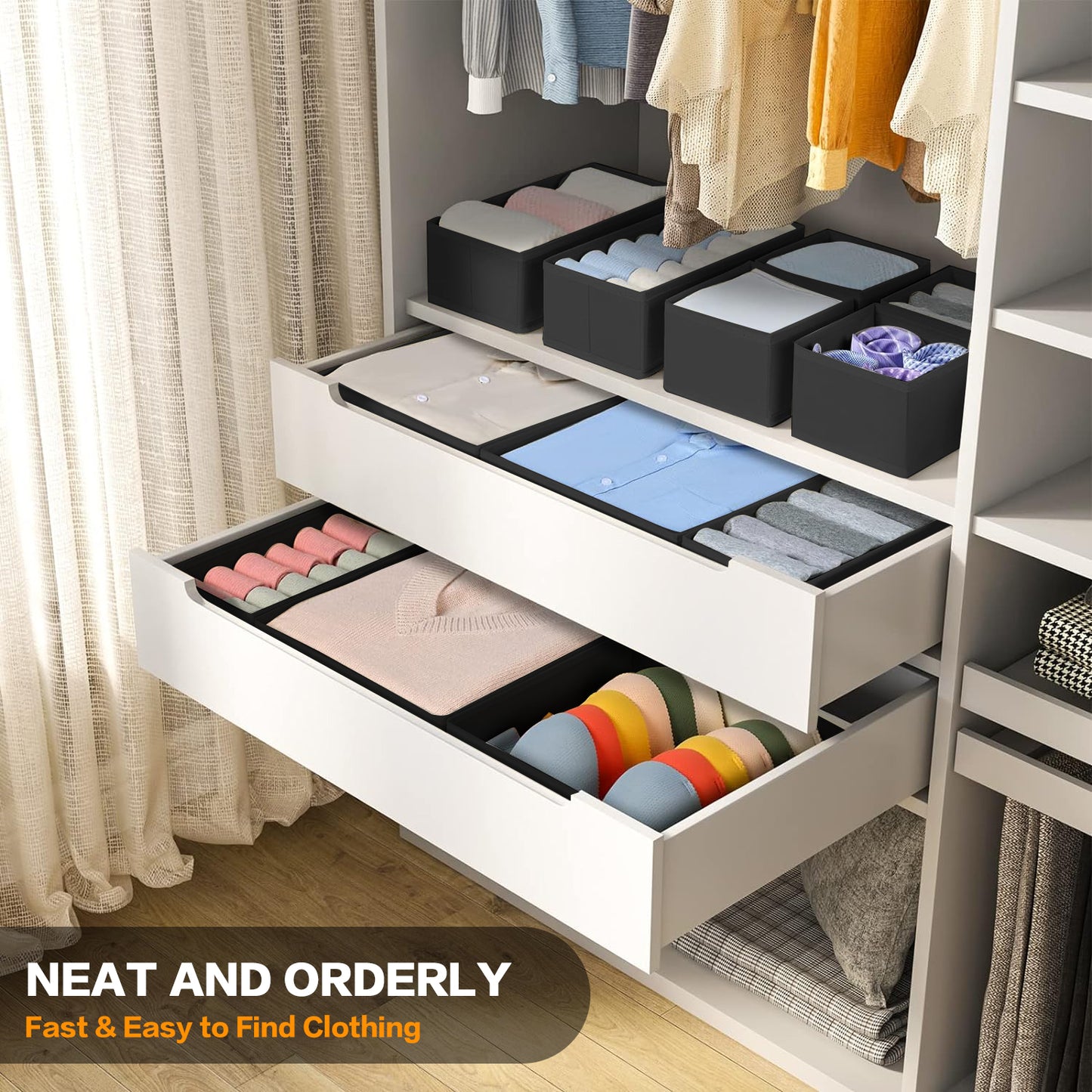 12 Pack Drawer Organizer Clothes, Dresser Organizer Bins for Nursery, Closet Organization and Storage Dividers for Clothing, Underwears, Socks - Black