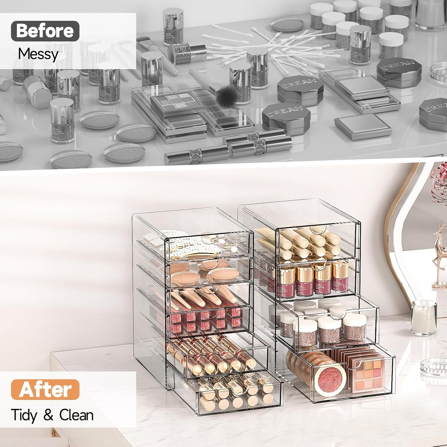 Makeup Drawer Storage Organizer with 16 Drawers, 4 Set Acrylic Office Desk Organization and Storage, Dustproof Drawer Organizer for Office, Countertop, Bathroom, Bedroom