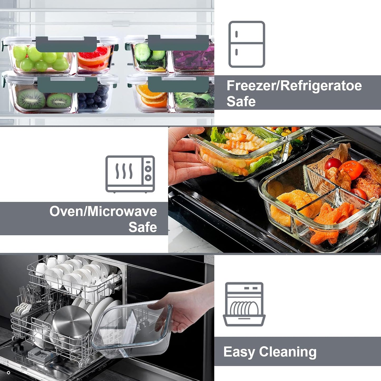 8 Pcs Glass Food Storage Containers with Lids, 2 & 3 Compartment Glass Airtight Meal Prep Containers, Oven & Freezer Safe, Kitchen Pantry Organizers and Storage, Leak Proof - Grey