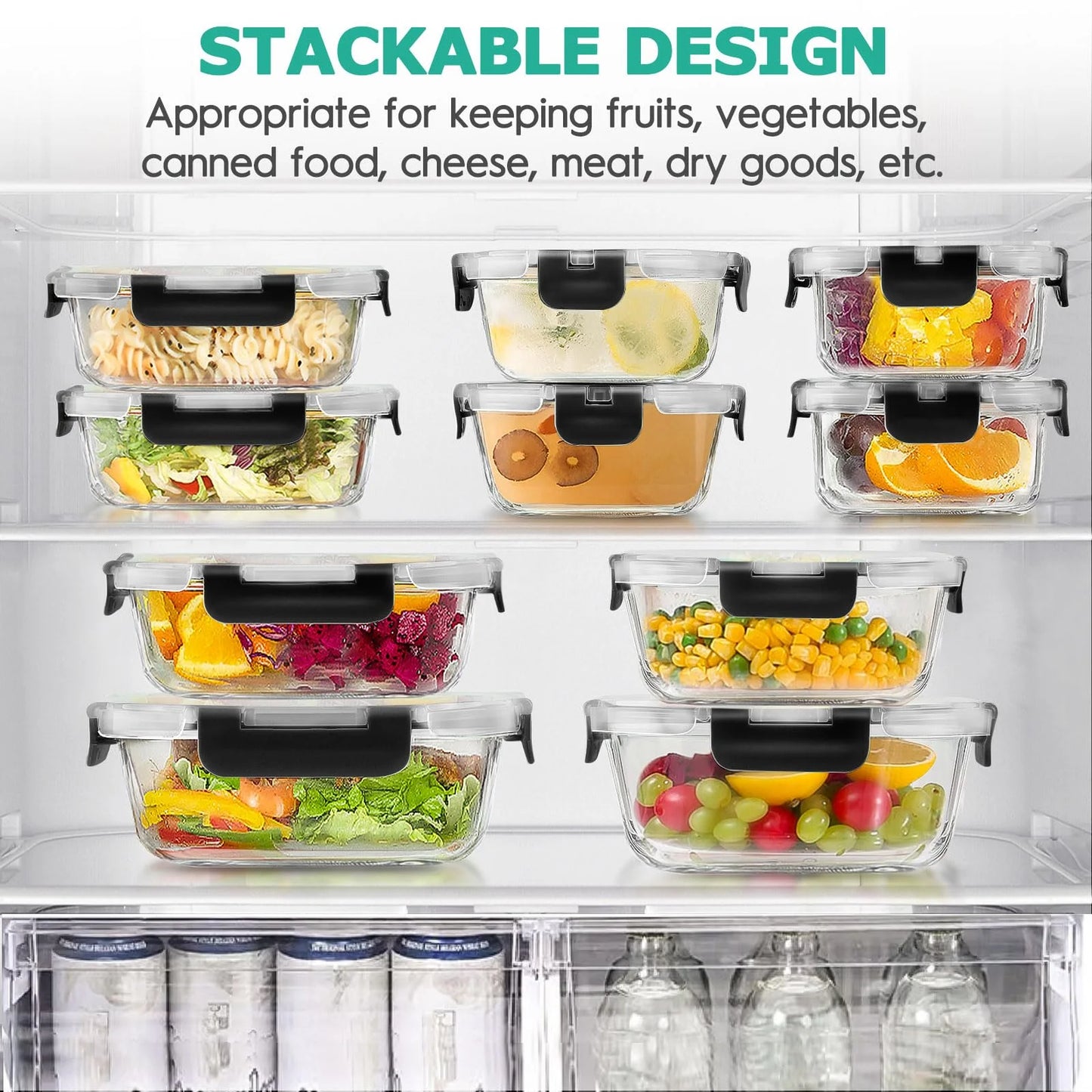 34pcs Glass Food Storage Containers with Lids Set, Airtight Glass Meal Prep Containers (17 Containers & 17 Lids),Leak Proof Lunch Containers BPA-Free, Microwave, Oven, Freezer, Dishwasher,Black