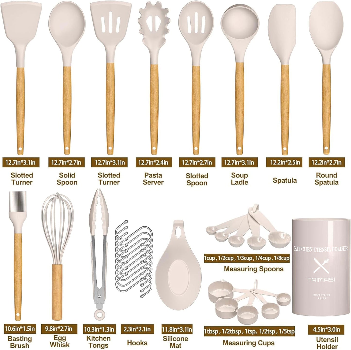 Silicone Cooking Utensils Set, 33 pcs Non-Stick Cooking Kitchen Utensils Set with Holder, Wooden Handle Gadgets Utensil Set (Khaki)