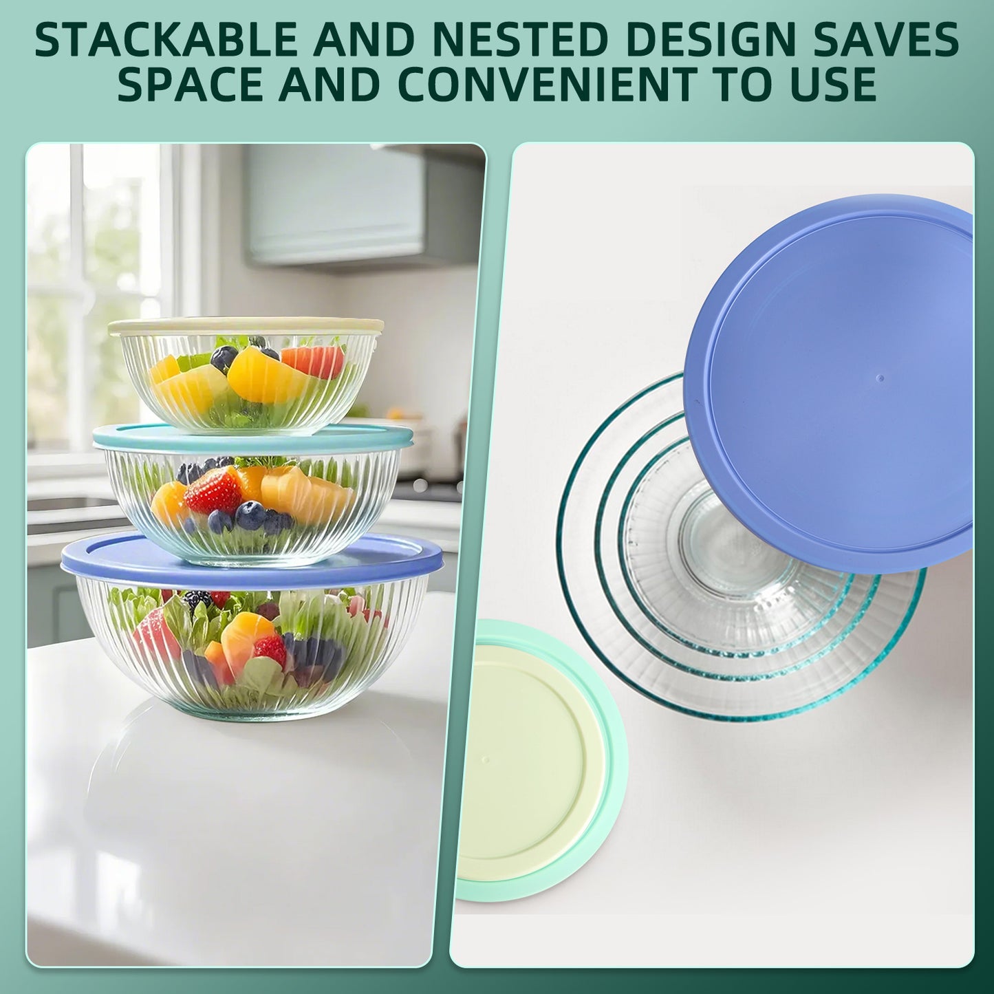 3-Pack Glass Mixing Bowls (1.2 QT, 2.3 QT, 3.6 QT) with Glass Mixing Bowls Set, AOKIWO 8 Pack 3 Size Glass Nesting Mixing Bowl with BPA-Free Lids & Baking Tools, Kitchen Storage Bowls for Prep, Baking, Serving