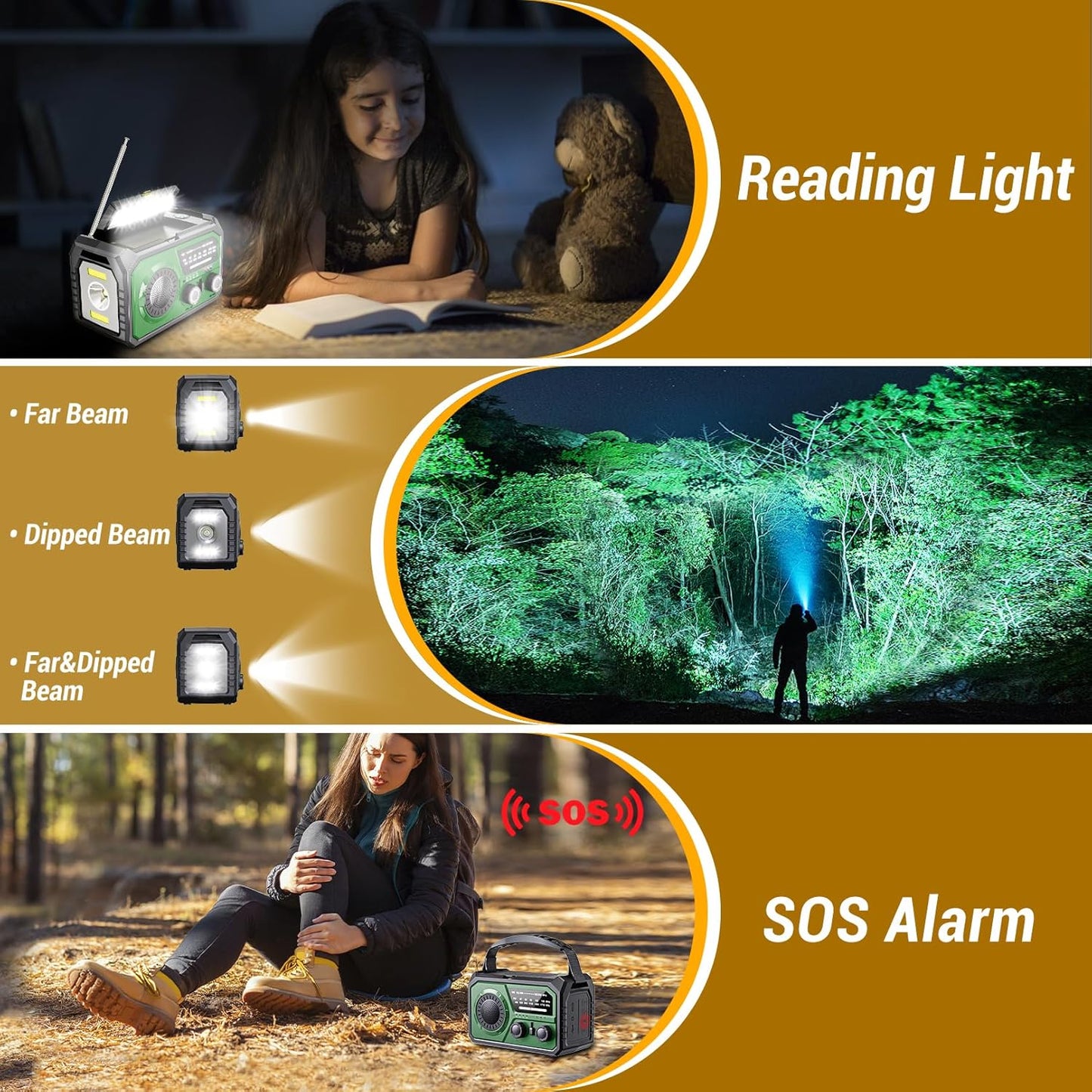 16000mAh Emergency Weather Radio, DOMNIU AM/FM/NOAA Weather Alert Radio, Hand Crank/Solar/Type-C Rechargeable Outdoor Solar Radio with Reading Lamp SOS Alarm 3 Mode Flashlight Power Bank(Army Green)
