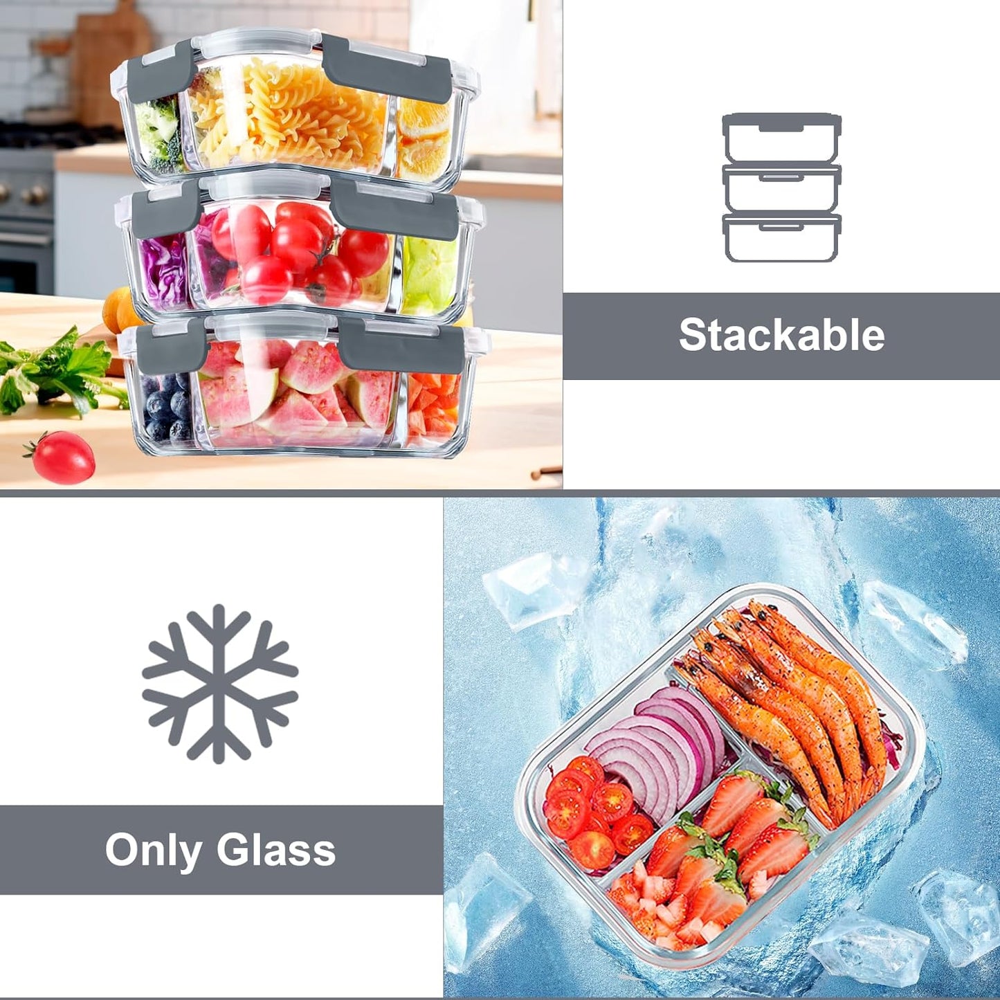 8 Pcs Glass Food Storage Containers with Lids, 2 & 3 Compartment Glass Airtight Meal Prep Containers, Oven & Freezer Safe, Kitchen Pantry Organizers and Storage, Leak Proof - Grey