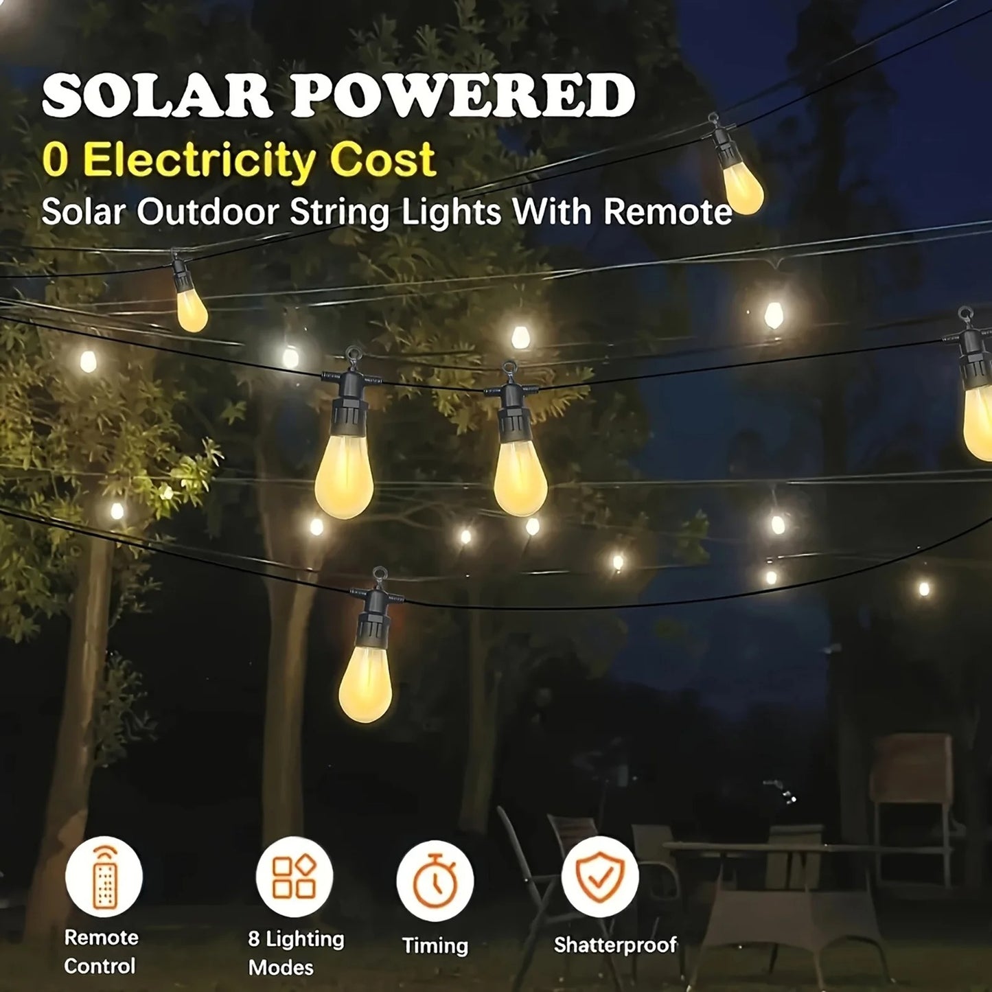 60FT Solar-Powered String with 19 lights,Patio Lights Solar Powered,Waterproof Outdoor/Indoor Use, Outdoor Solar-Powered String Lights for Camping Backyard Garden
