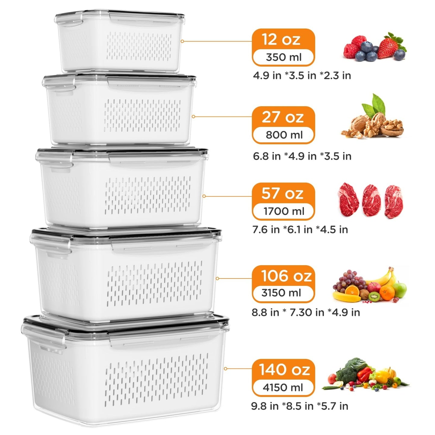 5 Pack Fruit Storage Containers for Fridge with Removable Colanders