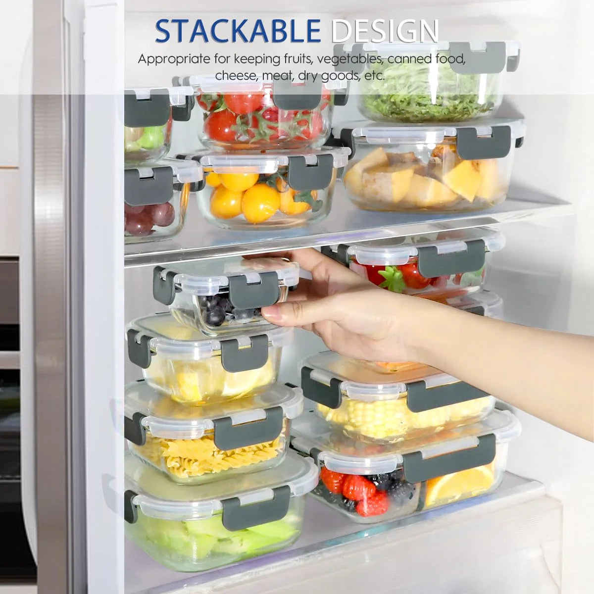 21 Set Glass Food Storage Containers with Snap Locking Lids Set, Glass Meal Prep Containers, 21 Containers & 21 Lids, Grey
