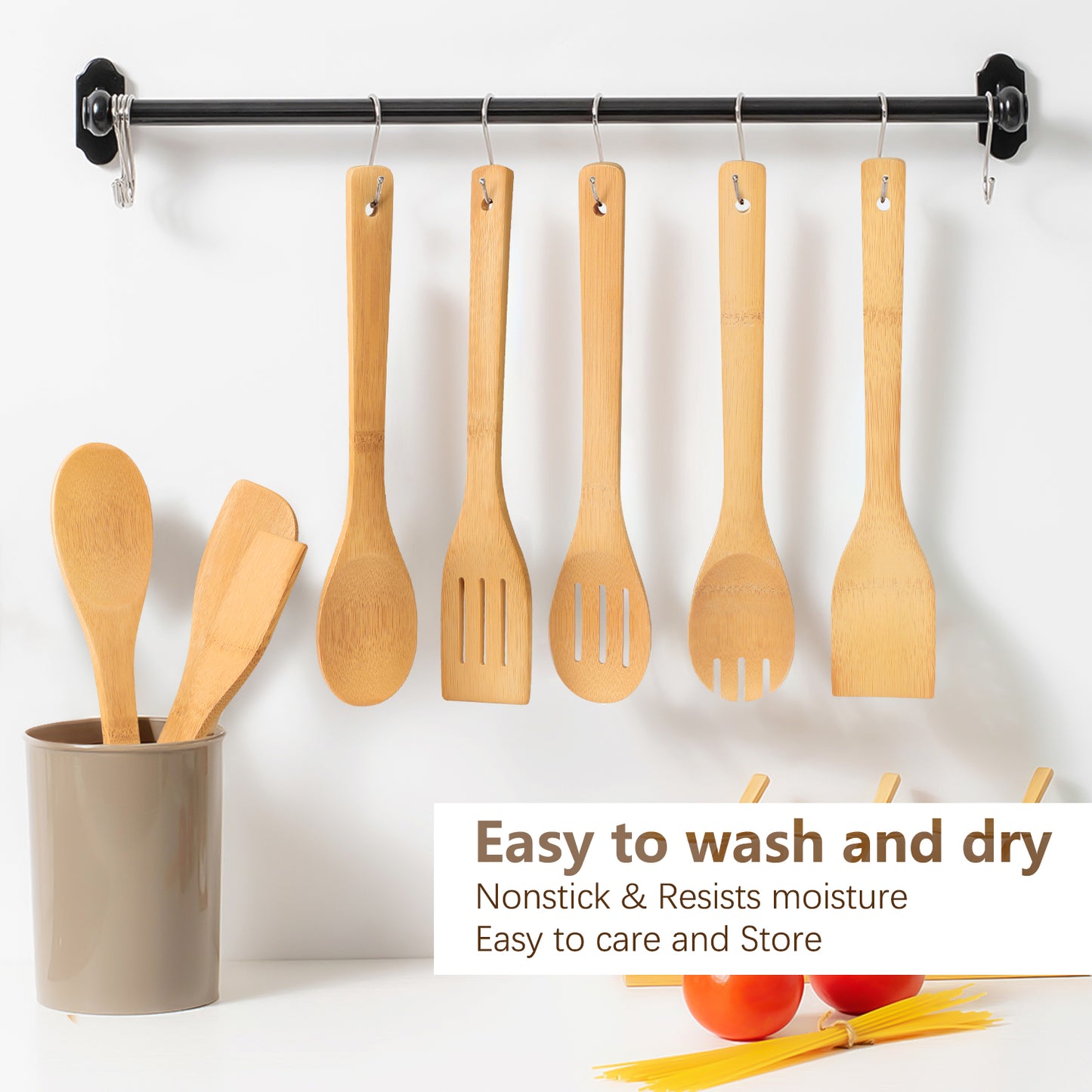 Wooden Spoons for Cooking, AOKIWO 6Pcs Banboo Spatula Spoon Tongs Utensils Set for Kitchen Cookware