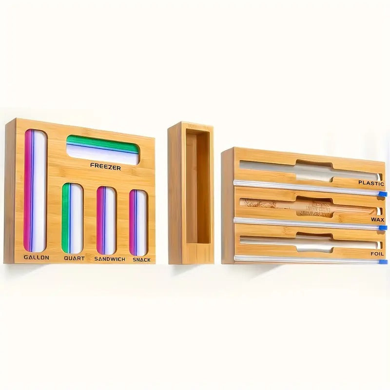 9 in 1 Storage Bag Organizer For Kitchen Drawer Combo, Bamboo Foil And Plastic Wrap With Cutter, Organizers Compatible Gallon, Quart, Sandwich Snack Size, Birthday Gifts, New Year Gift