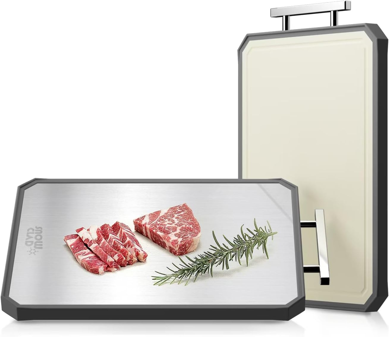 Double-Sided Cutting Board, AOKIWO Large Cutting Boards with Handle & Knife Protector finger guard,Non toxic Stainless Steel Wheat straw PP Chopping Board for Kitchen meat and vegetables-16 * 11 Inch