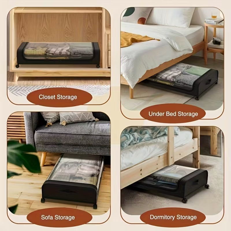 Under Bed Storage with Wheels, 2-Pack Under the Bed Storage Containers with Clear Lids & Label, Underbed Storage Bins for Clothes, Shoes - Grey