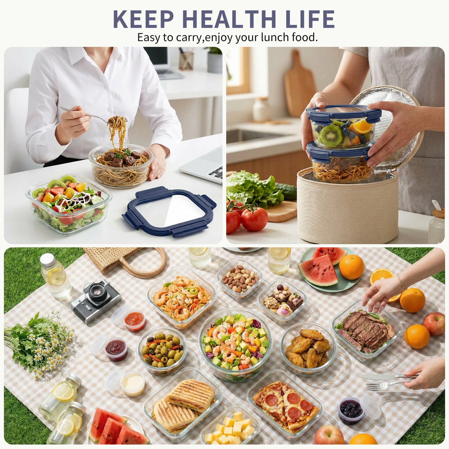 36pcs Glass Food Storage Containers with Lids Set, Airtight Meal Prep Containers (18 Containers & 18 Lids), Blue