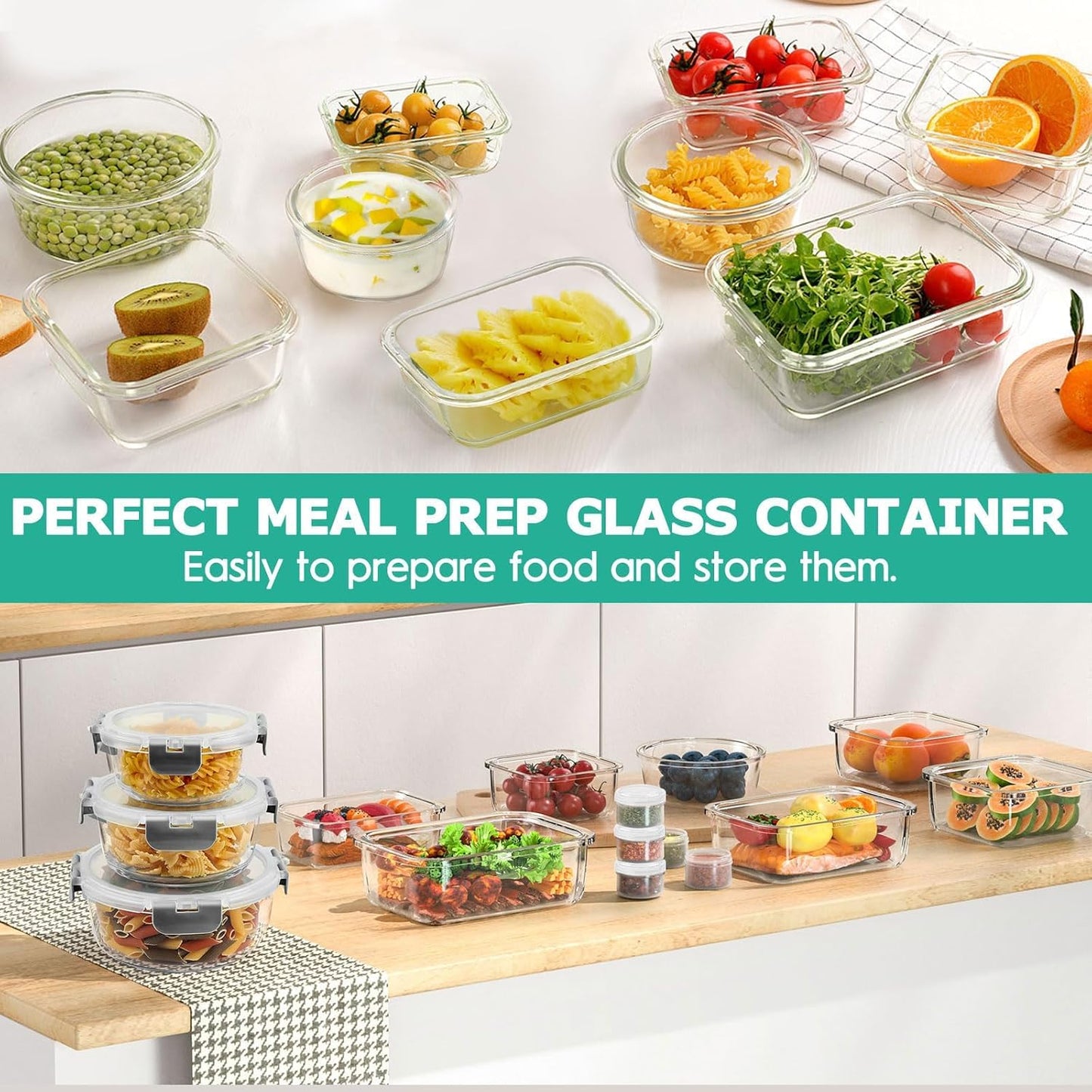 AMALEKO 34pcs Glass Food Storage Containers with Lids Set, Airtight Glass Meal Prep Containers (17 Containers & 17 Lids), Leak Proof Lunch Container BPA-Free, Microwave, Oven, Freezer, Dishwasher Safe-Grey