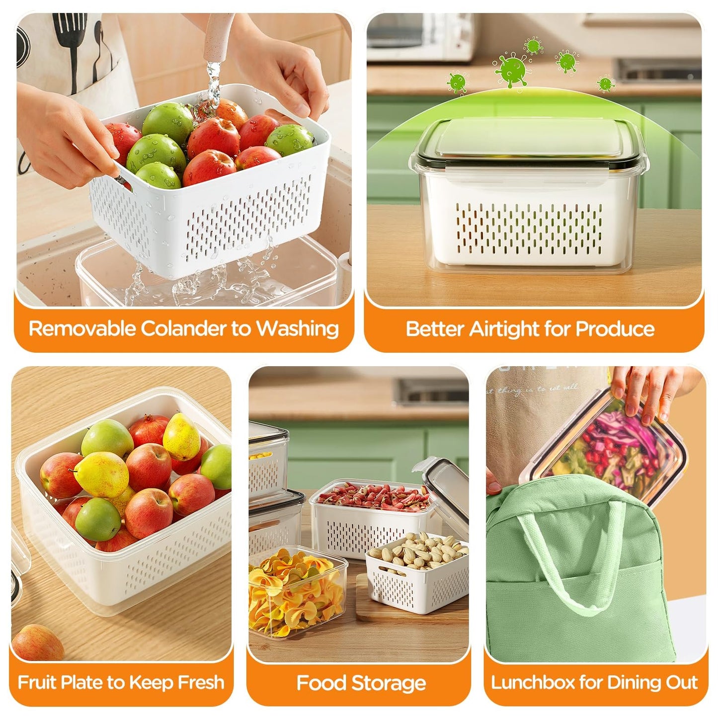5 Pack Fruit Storage Containers for Fridge with Removable Colanders