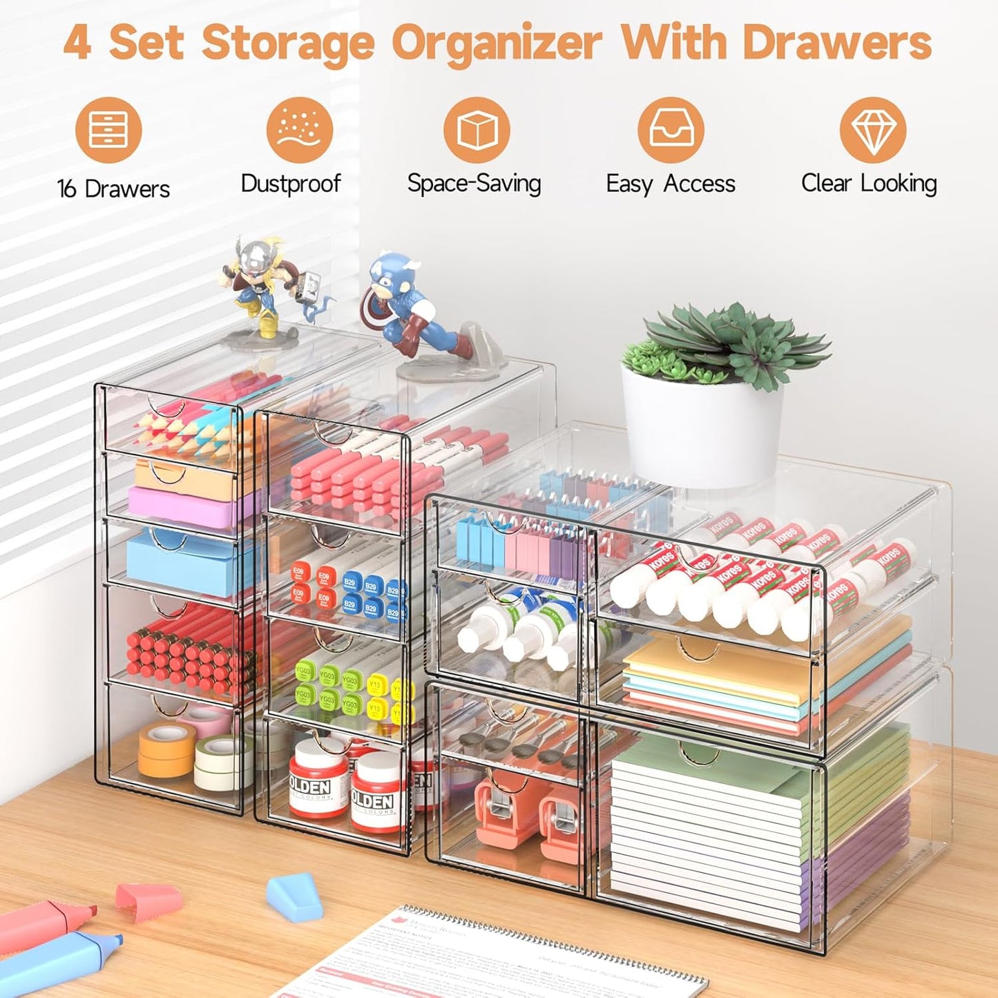 Makeup Drawer Storage Organizer with 16 Drawers, 4 Set Acrylic Office Desk Organization and Storage, Dustproof Drawer Organizer for Office, Countertop, Bathroom, Bedroom