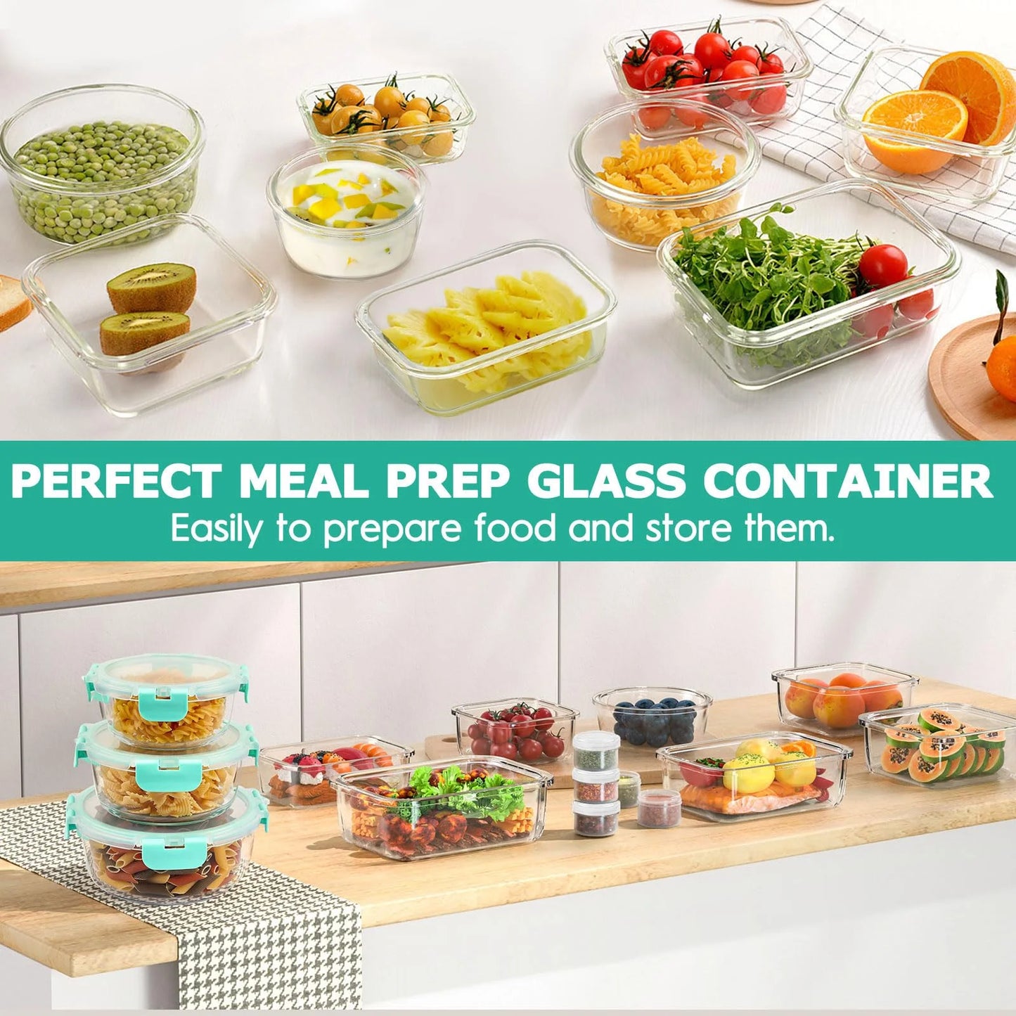 34pcs Glass Food Storage Containers with Lids Set, Airtight Glass Meal Prep Containers (17 Containers & 17 Lids),Leak Proof Lunch Containers BPA-Free, Microwave, Oven, Freezer, Dishwasher,Green