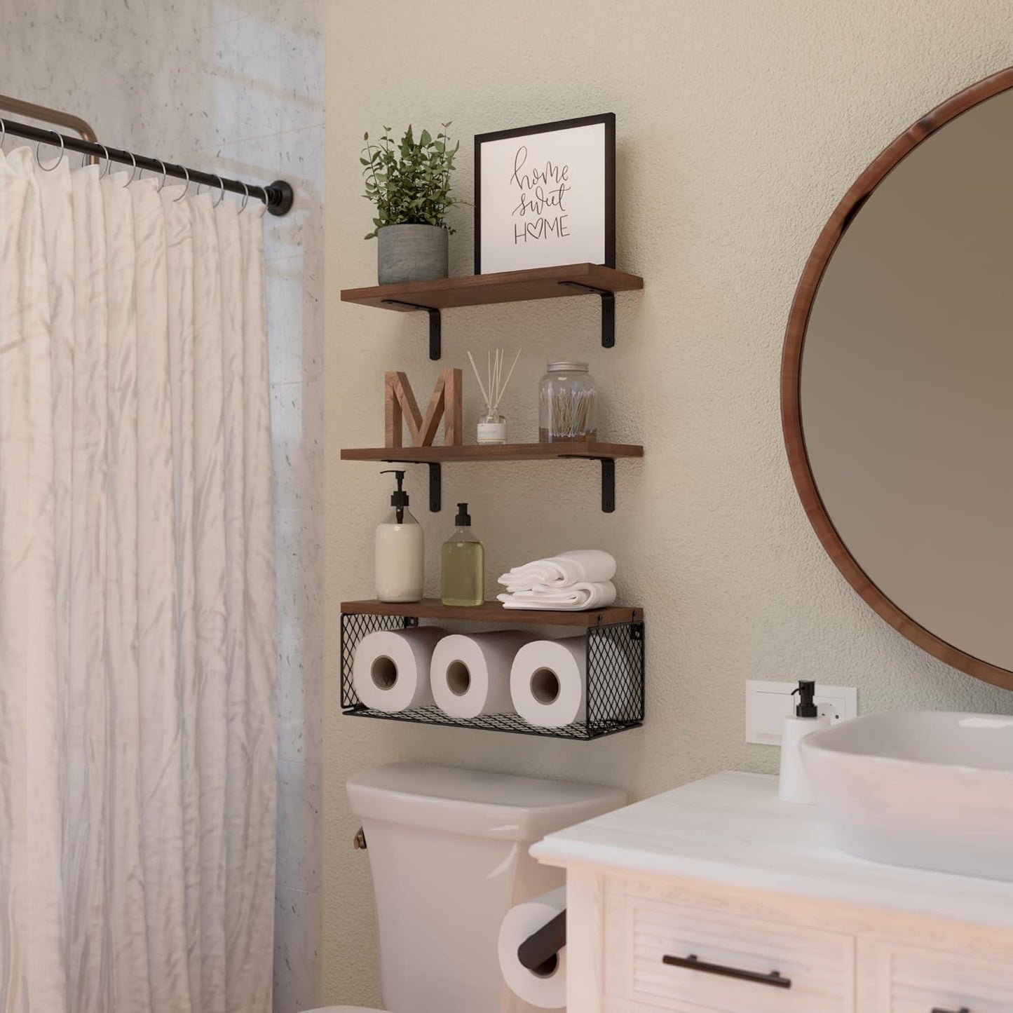Bathroom Shelf Over Toilet, Bathroom Floating Shelves Wall Mounted with Wire Basket, Floating Shelf for Wall Decor - Rustic Brown