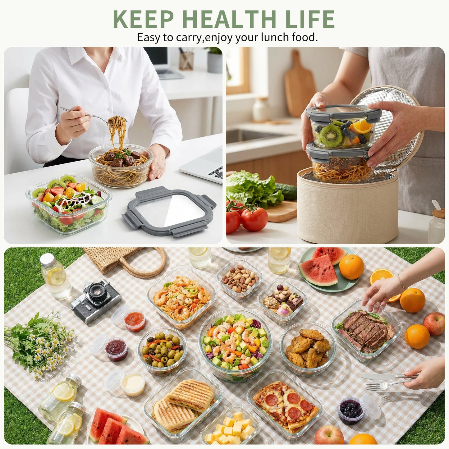 36pcs Glass Food Storage Containers with Lids Set, Airtight Meal Prep Containers (18 Containers & 18 Lids), Grey