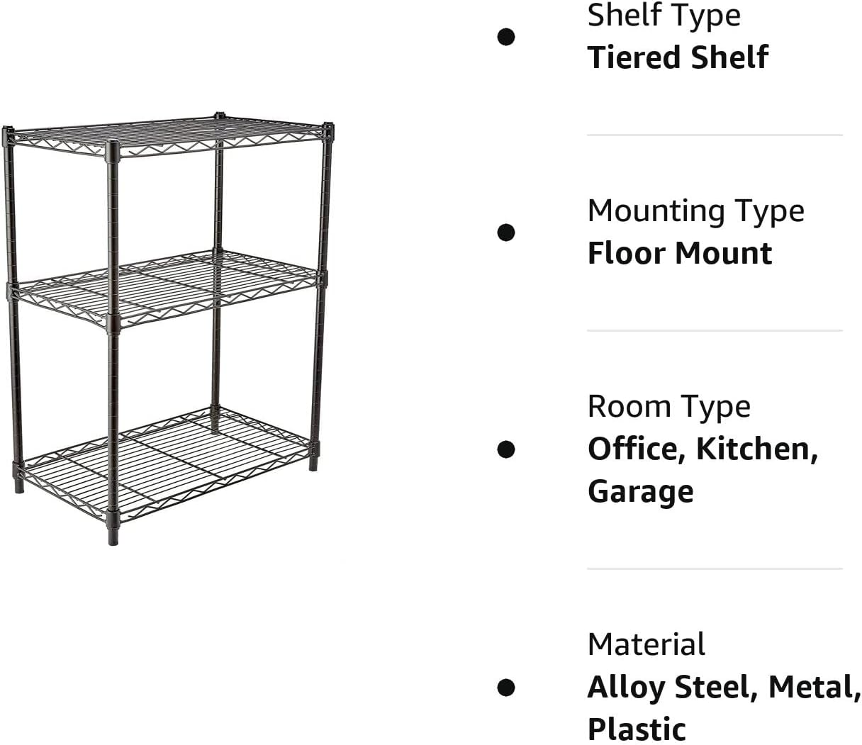 3-Shelf Adjustable Heavy Duty Steel Wire Rack Storage Shelving Organizer for Kitchen, Garage, 23.62" L x 13.77" W x 31.49" H, Black