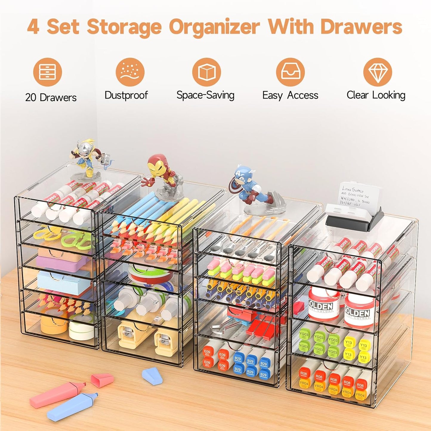 Makeup Drawer Storage Organizer with 16 Drawers, 4 Set Acrylic Office Desk Organization and Storage, Dustproof Drawer Organizer for Office, Countertop, Bathroom, Bedroom