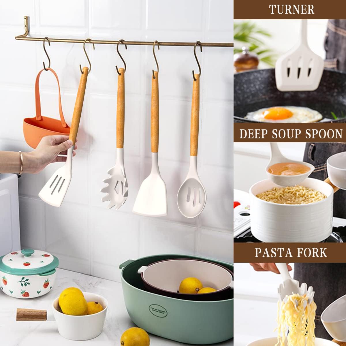 Silicone Cooking Utensils Set, 33 pcs Non-Stick Cooking Kitchen Utensils Set with Holder, Wooden Handle Gadgets Utensil Set (Khaki)