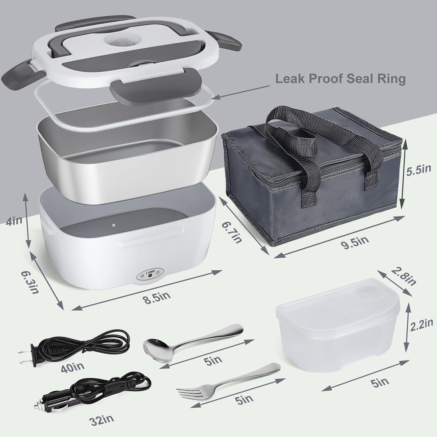 Electric Lunch Box Food Heater, AOKIWO 60-80W Electric Heating Lunch Boxes Lunch for Car/Men/Adults/Home/Work, 1.5L Removable 304 Stainless Steel Container, 110V/12V/24V, with Fork & Spoon