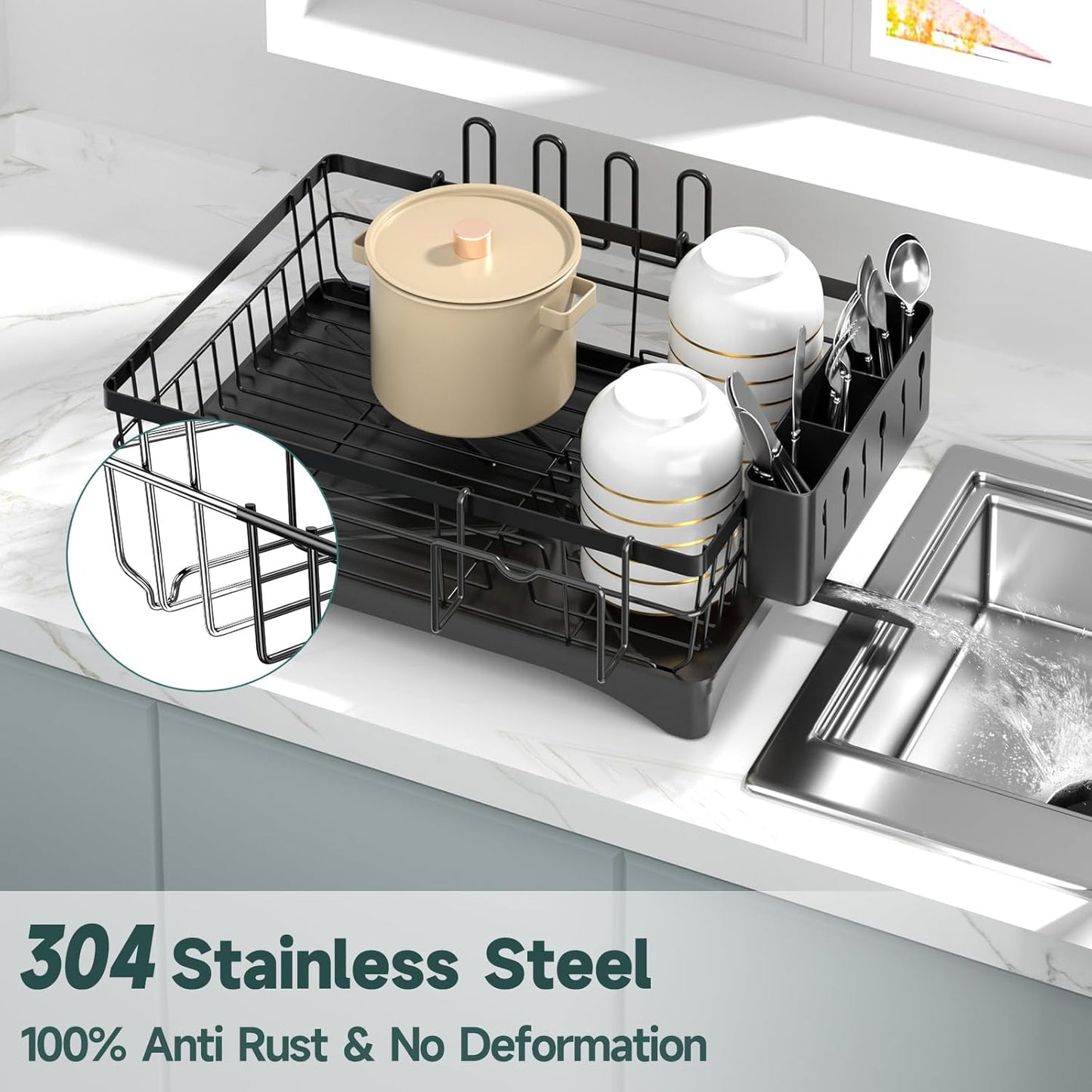 AOKIWO Dish Drying Rack, Durable Stainless Steel Large Dish Rack Kitchen Counter Dish Drainer with Drainboard Over Sink for Cups, Knives, Spoons, and Forks (L16.9"*W12.5")