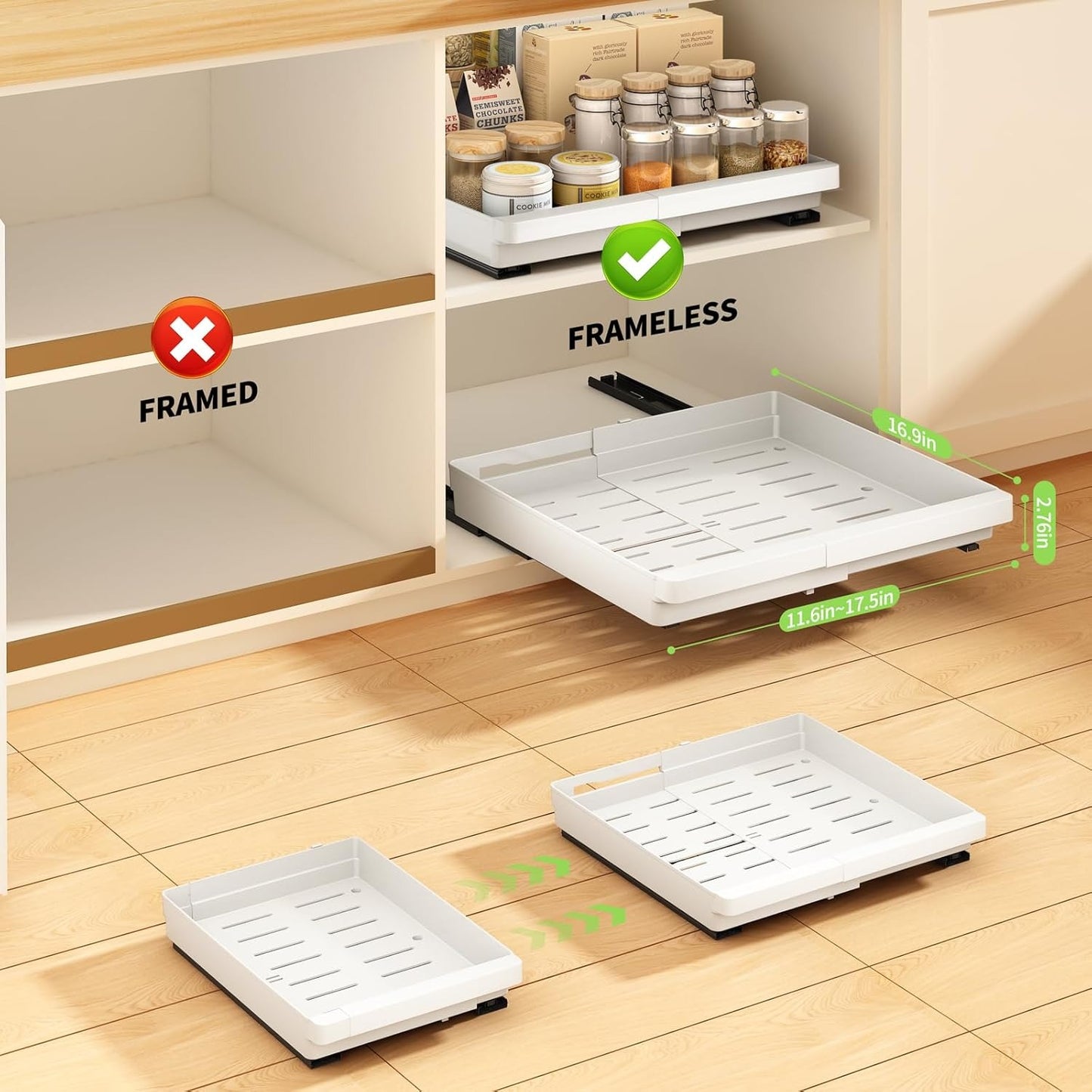 2 Pack Pull Out Cabinet Organizers Expandable (13''-19''), Slide Out Drawers for Kitchen, Bathroom, Pantry, Under Sink Storage, Pull Out Drawers Fixed with Adhesive Nano Film (White)