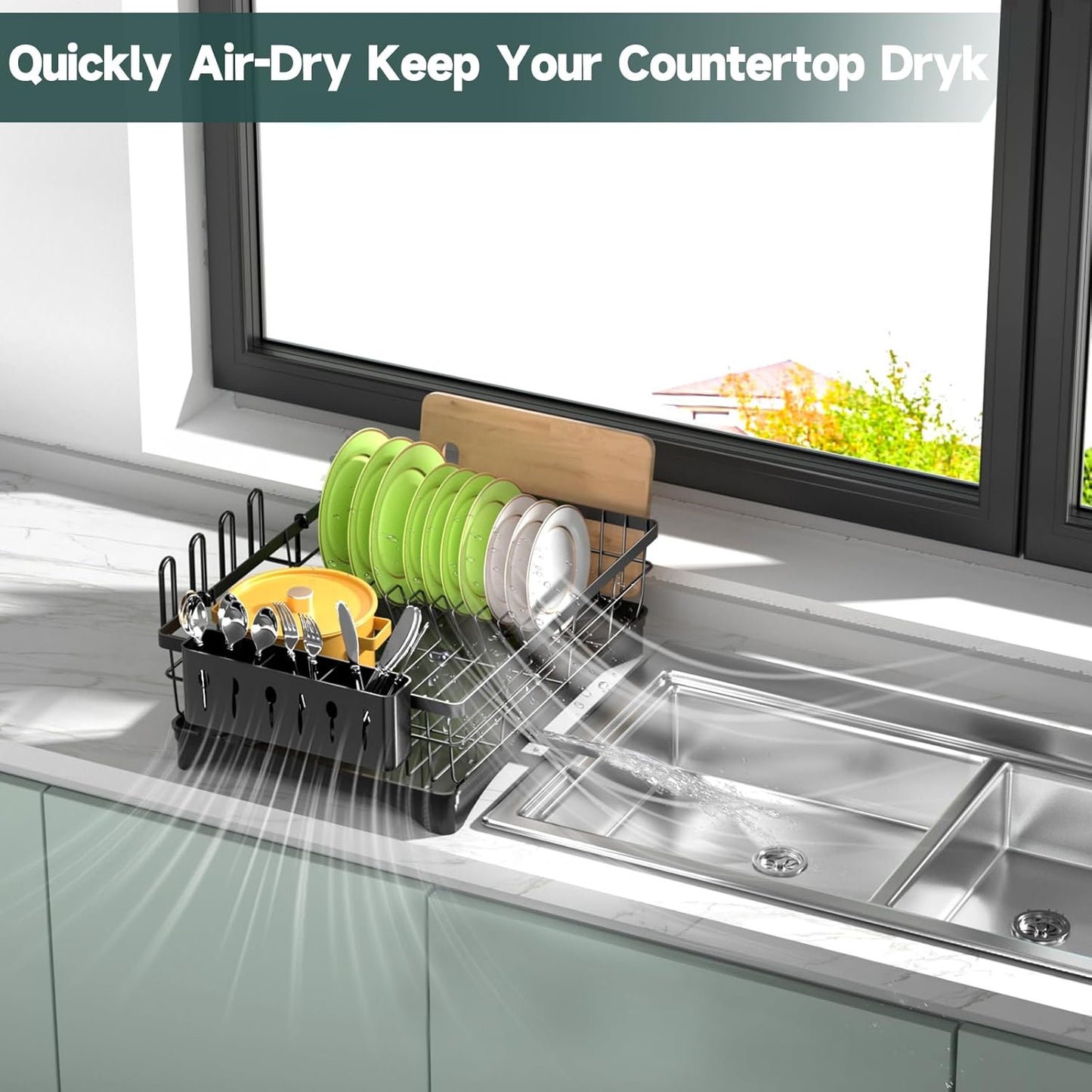 AOKIWO Dish Drying Rack, Durable Stainless Steel Large Dish Rack Kitchen Counter Dish Drainer with Drainboard Over Sink for Cups, Knives, Spoons, and Forks (L16.9"*W12.5")