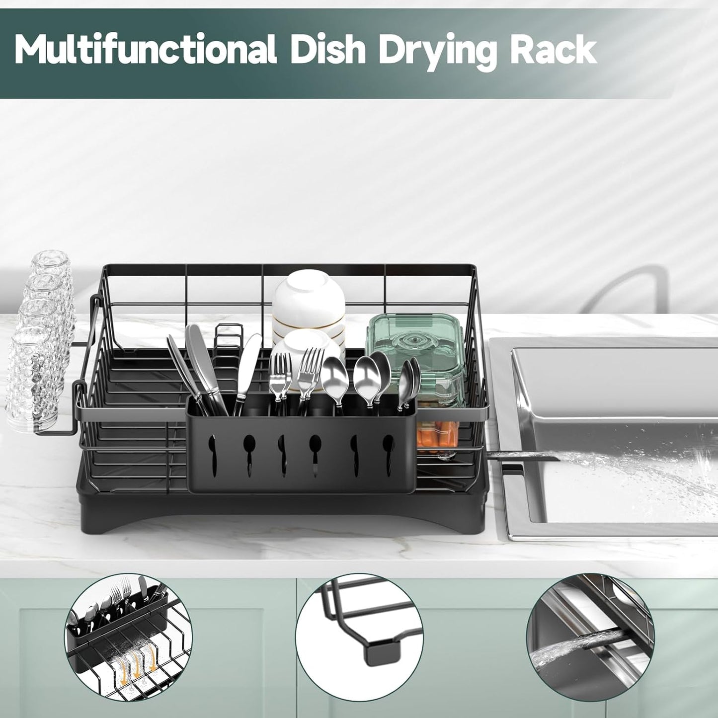 AOKIWO Dish Drying Rack, Durable Stainless Steel Large Dish Rack Kitchen Counter Dish Drainer with Drainboard Over Sink for Cups, Knives, Spoons, and Forks (L16.9"*W12.5")