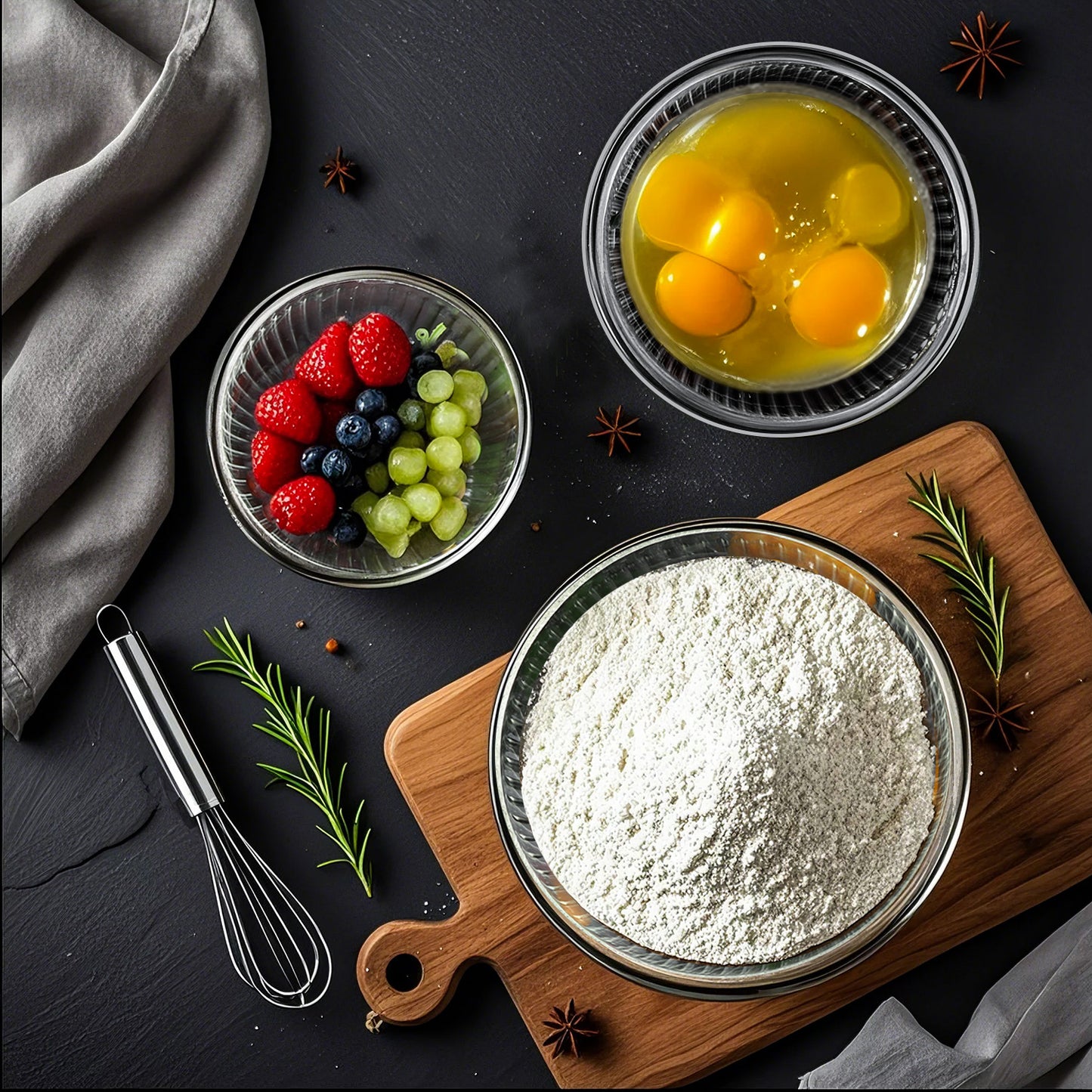 3-Pack Glass Mixing Bowls (1.2 QT, 2.3 QT, 3.6 QT) with Glass Mixing Bowls Set, AOKIWO 8 Pack 3 Size Glass Nesting Mixing Bowl with BPA-Free Lids & Baking Tools, Kitchen Storage Bowls for Prep, Baking, Serving