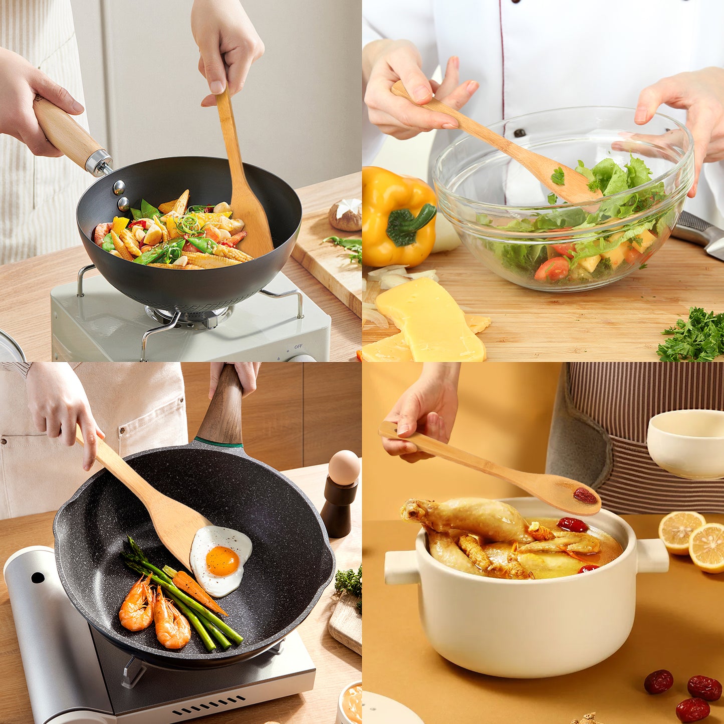Wooden Spoons for Cooking, AOKIWO 6Pcs Banboo Spatula Spoon Tongs Utensils Set for Kitchen Cookware